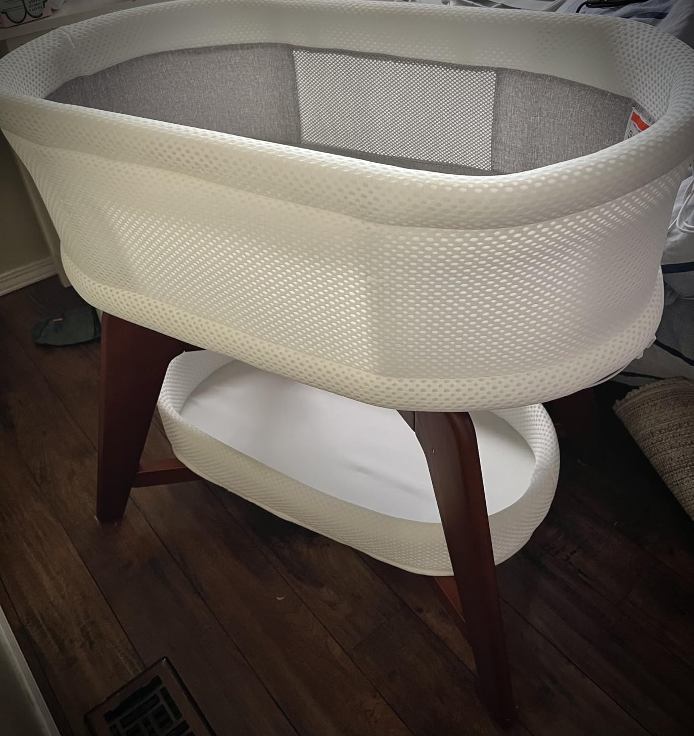 TruBliss Evi Smart Baby Bassinet Beside Sleeper with Auto-Glide, Ambient Nightlight & Sensory Sounds, Compatible with Alexa and Google Home, Includes 2 Sheets (White w/Mint Green Legs) customer photo 1