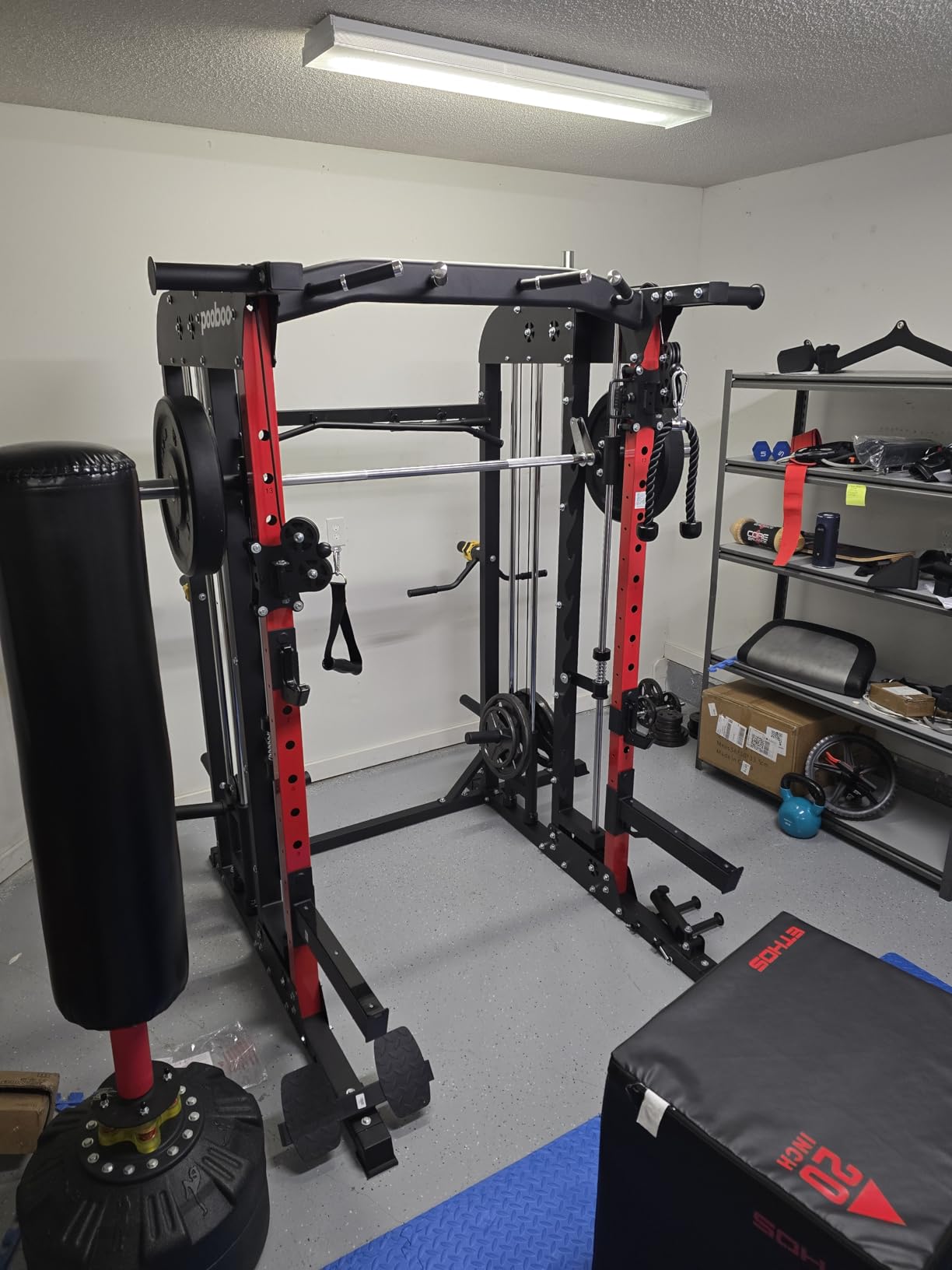 pooboo Power Cage Smith Machine with 2000LB Squat Rack Cable System | LAT Pulldown and Dual Pulley Cable Crossover with All-in-One Home Gym Machine customer photo 1