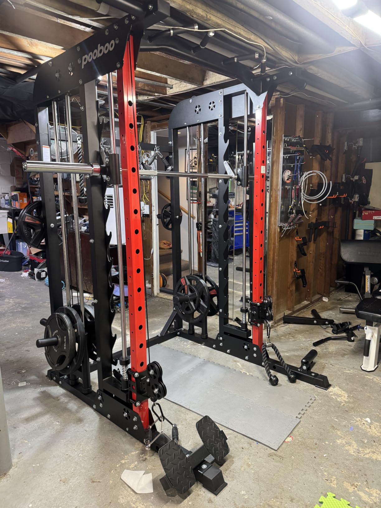 pooboo Power Cage Smith Machine with 2000LB Squat Rack Cable System | LAT Pulldown and Dual Pulley Cable Crossover with All-in-One Home Gym Machine customer photo 2