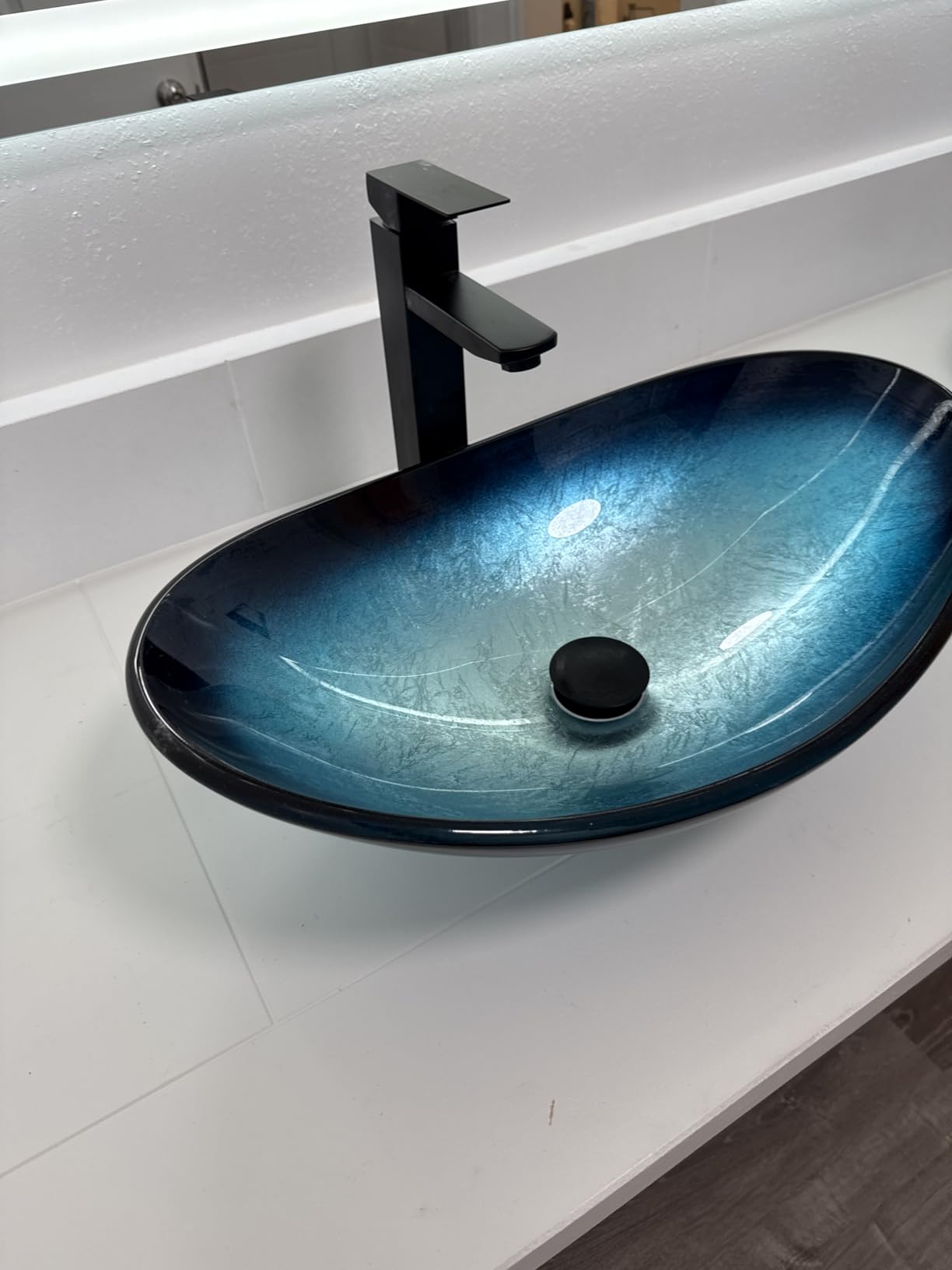Bathroom Boat Shape Artistic Glass Vessel Sink, Gold | Black Faucet and Pop-up Drain Set customer photo 2