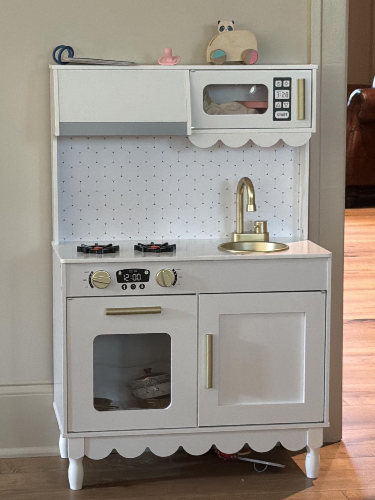 Best Choice Products Toddler Kitchen Playset, Wooden Cottage Kids Play Kitchen with 5 Accessories, Toy Storage, Scalloped Edge, and Pretend Play Microwave, Oven, Clicking Knobs - Cream customer photo 2