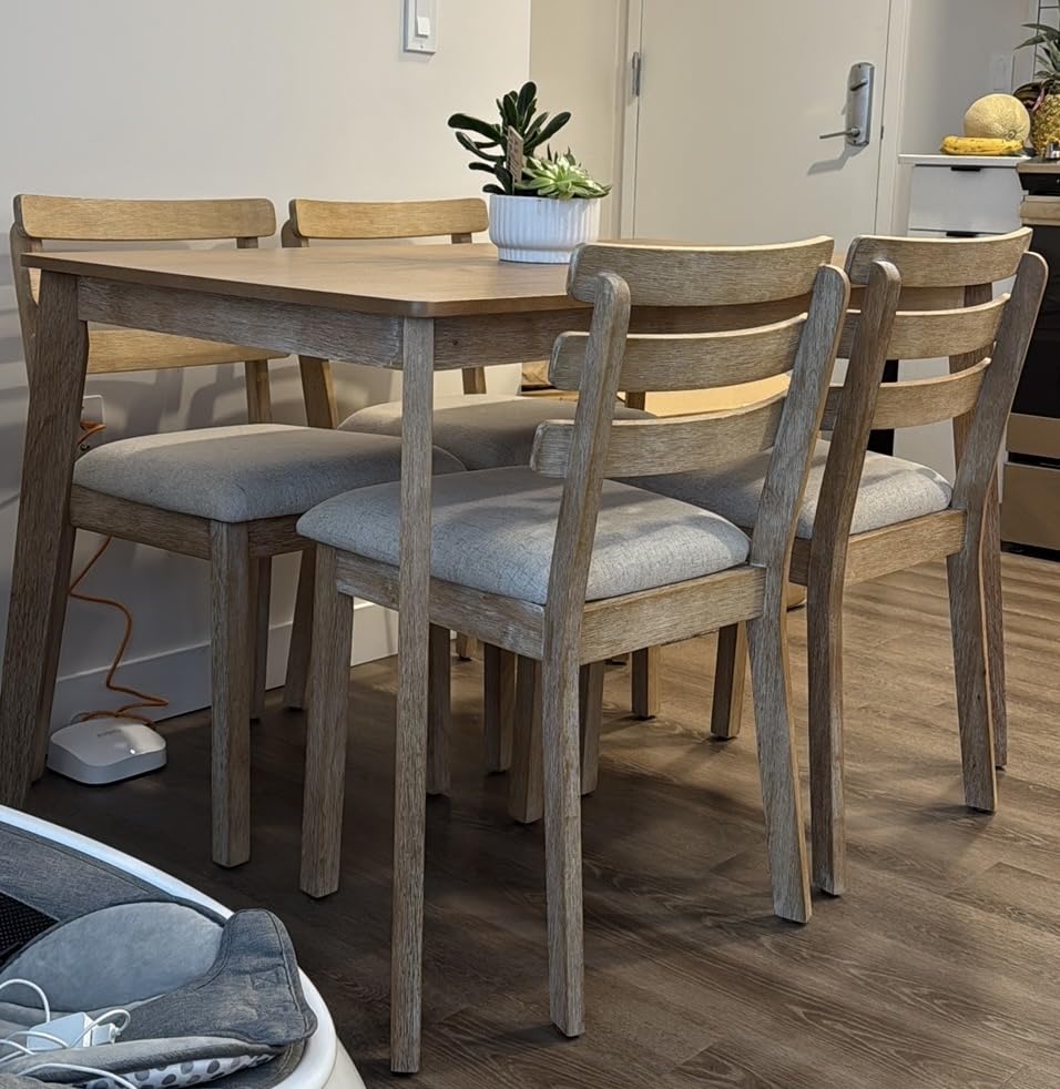 Farmhouse Dining Table Set for 4, Wooden Kitchen Table & Solid Wood Chairs | 4 Upholstered Chairs, Modern Rectangular Dining Room Table and Chairs for Kitchen, Small Spaces, Rubberwood Legs, 5-Piece customer photo 1