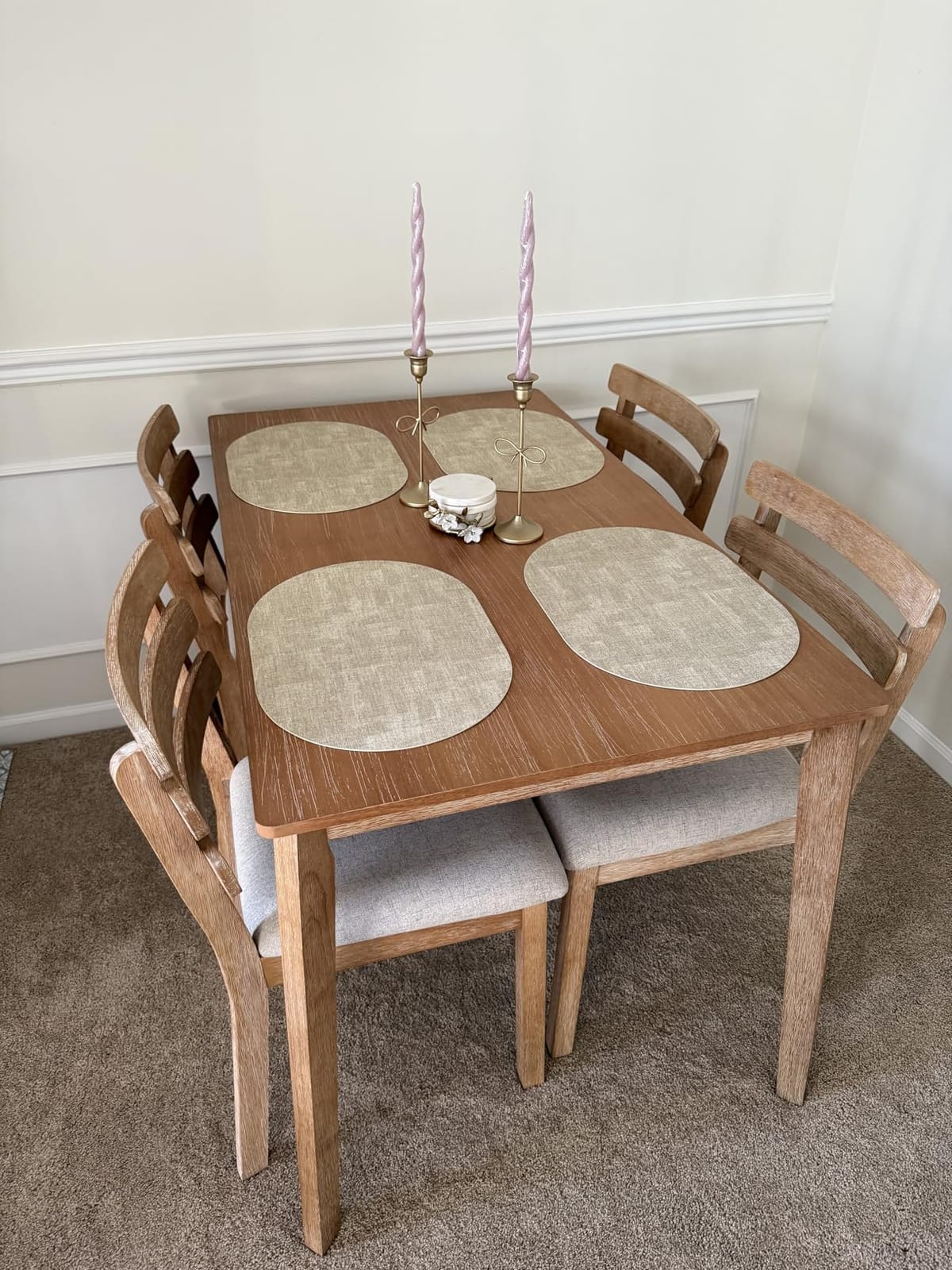 Farmhouse Dining Table Set for 4, Wooden Kitchen Table & Solid Wood Chairs | 4 Upholstered Chairs, Modern Rectangular Dining Room Table and Chairs for Kitchen, Small Spaces, Rubberwood Legs, 5-Piece customer photo 2