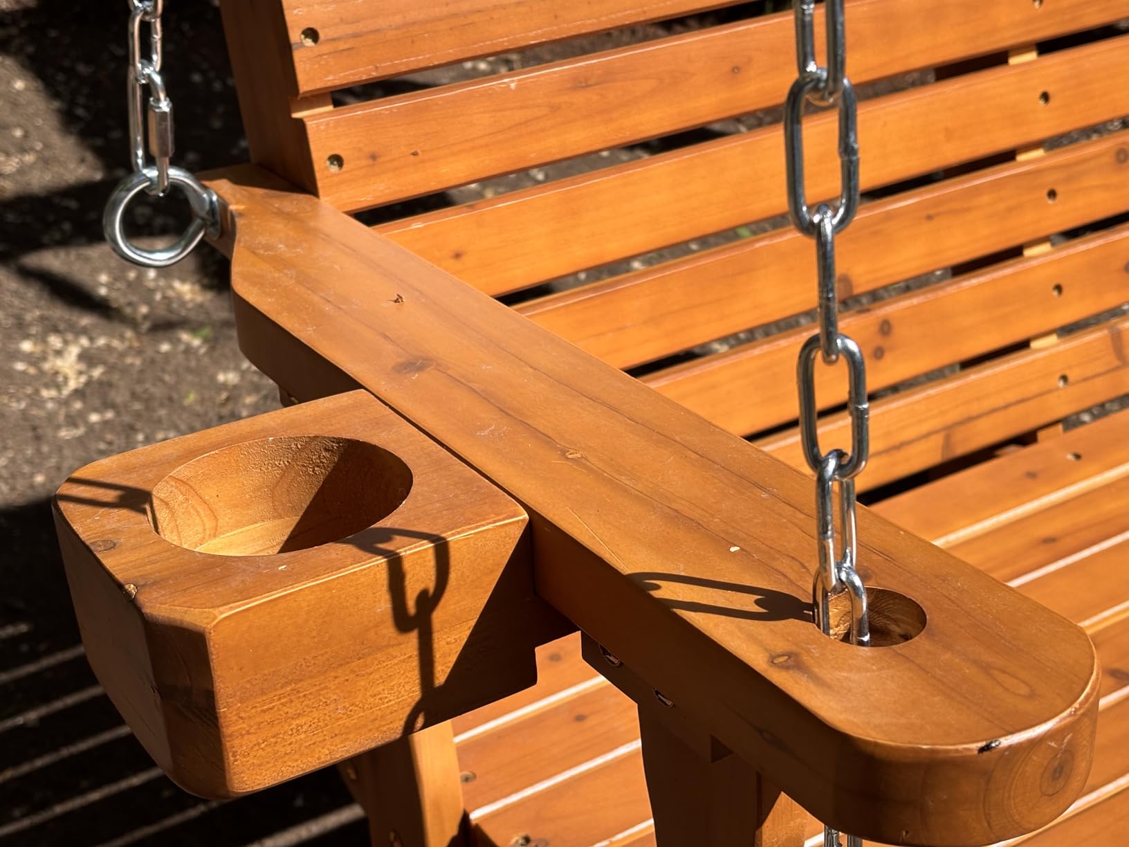 Wooden Porch Swing 2-Seater, High Backrest and Deep Seat, Bench Swing with Cupholders, Hanging Chains and 7mm Springs, Heavy Duty 880 LBS, for Outdoor Patio Garden (Cedar Tone - 4 FT Extra Large) customer photo 1