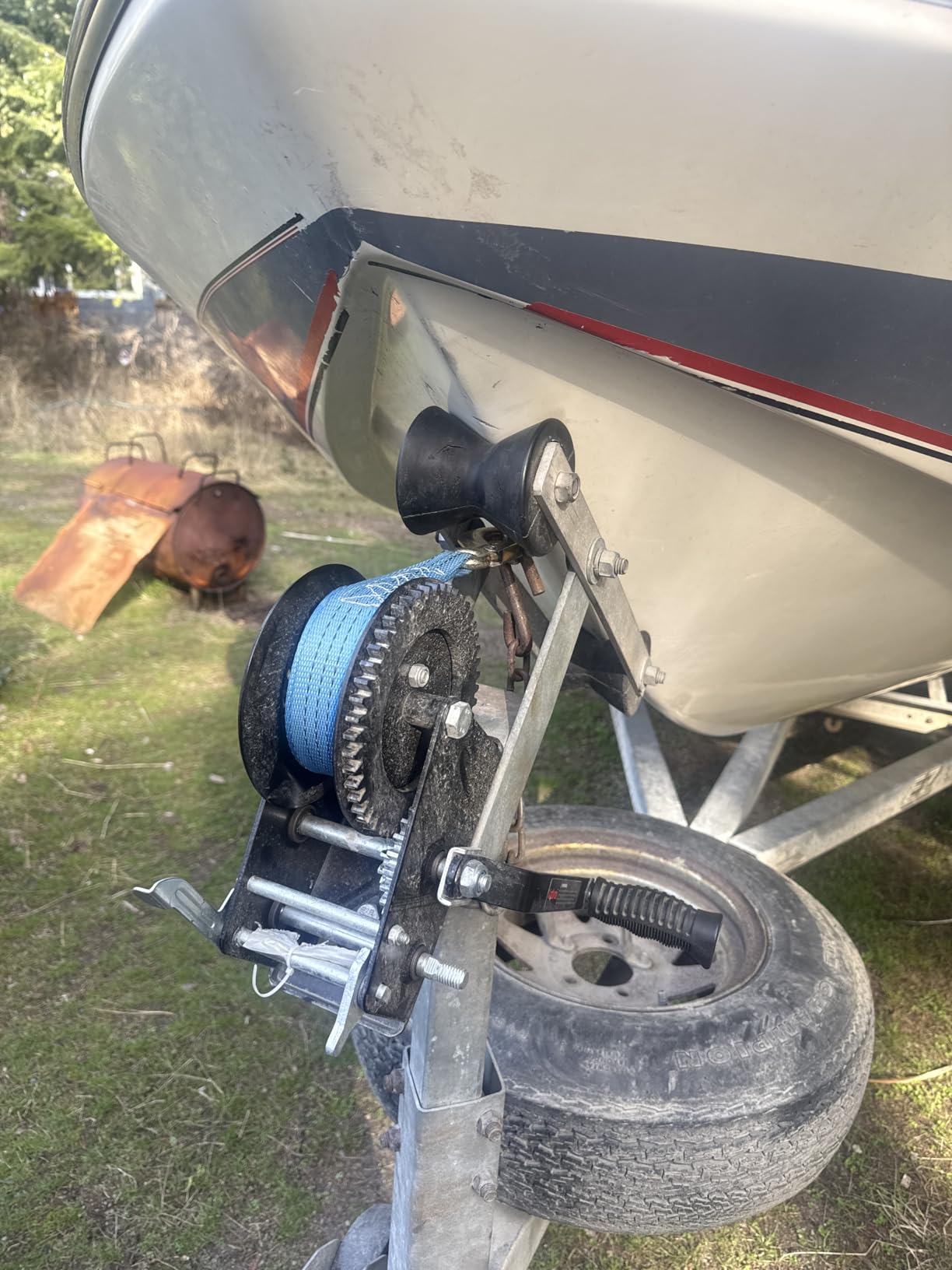 Kolvoii 3500 lb Boat Trailer Winch, 33 ft Strap, 2-Speed 4:1/8:1, Blue | Polyester strap, two-way ratchet, 8 mm high-carbon steel gears and galvanized finish; boat trailer & marine loading customer photo 2