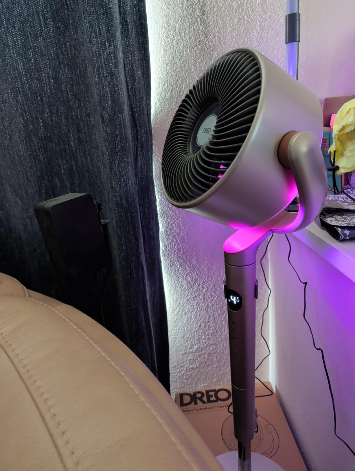 DREO Smart Fan for Bedroom, 120° +120° Omni-Directional Oscillating Fans, 100ft Quiet Pedestal Fan with RGB Light, 9 Speeds, 6 Modes, 8H Timer, Wi-Fi/Voice/Alexa, 35-40