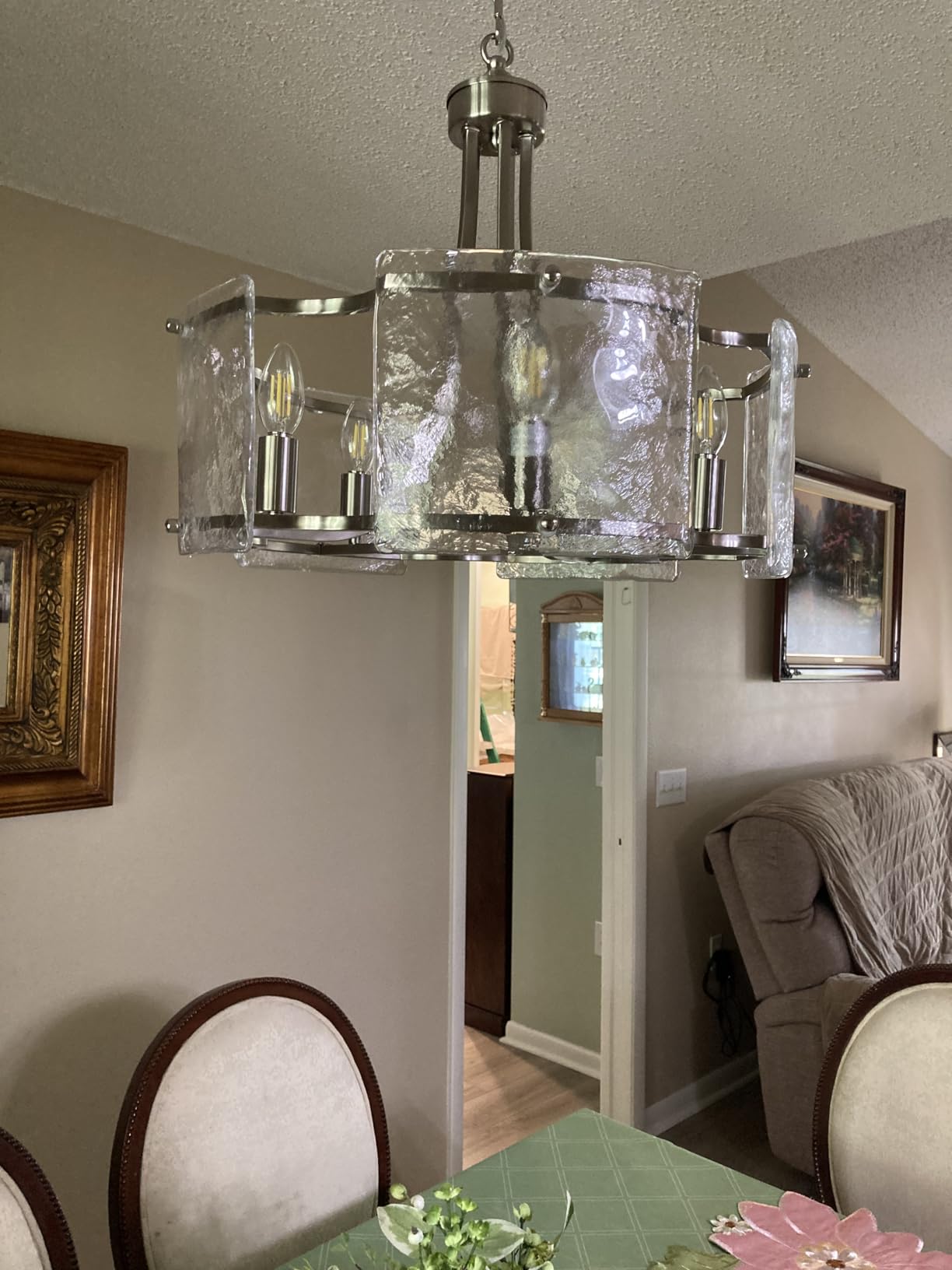 Modern Textured Glass Chandelier for Dining Room, 5-Light Brushed Nickel Crystal Chandeliers Light Fixture, Drum Round Rustic Farmhouse Chandelier for Kitchen Island Bedroom Living room Foyer, E12 customer photo 1