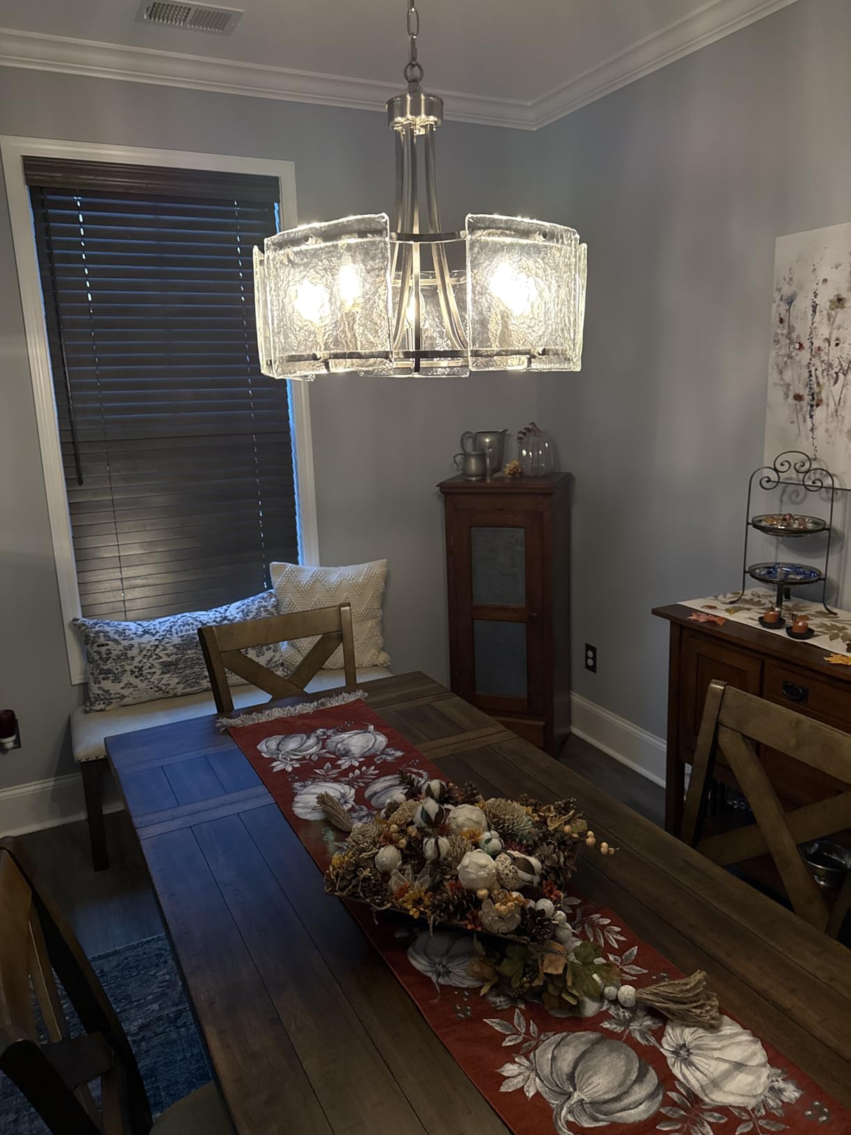 Modern Textured Glass Chandelier for Dining Room, 5-Light Brushed Nickel Crystal Chandeliers Light Fixture, Drum Round Rustic Farmhouse Chandelier for Kitchen Island Bedroom Living room Foyer, E12 customer photo 2