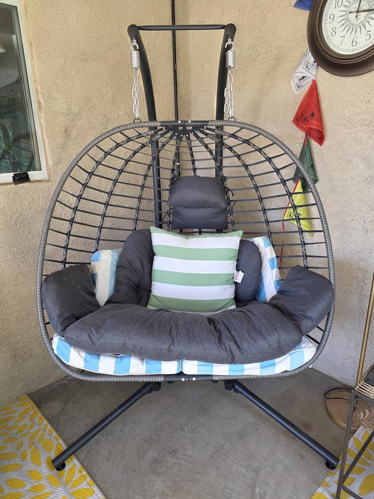 SWITTE Double Egg Chair Outdoor with Stand, Patio Hanging Swing, Grey | Indoor 2 Person Egg Swinging with Cushion, Wicker Loveseat for Porch Balcony Backyard, Cozy Hammock Chairs 680 LBS Capaticy customer photo 1