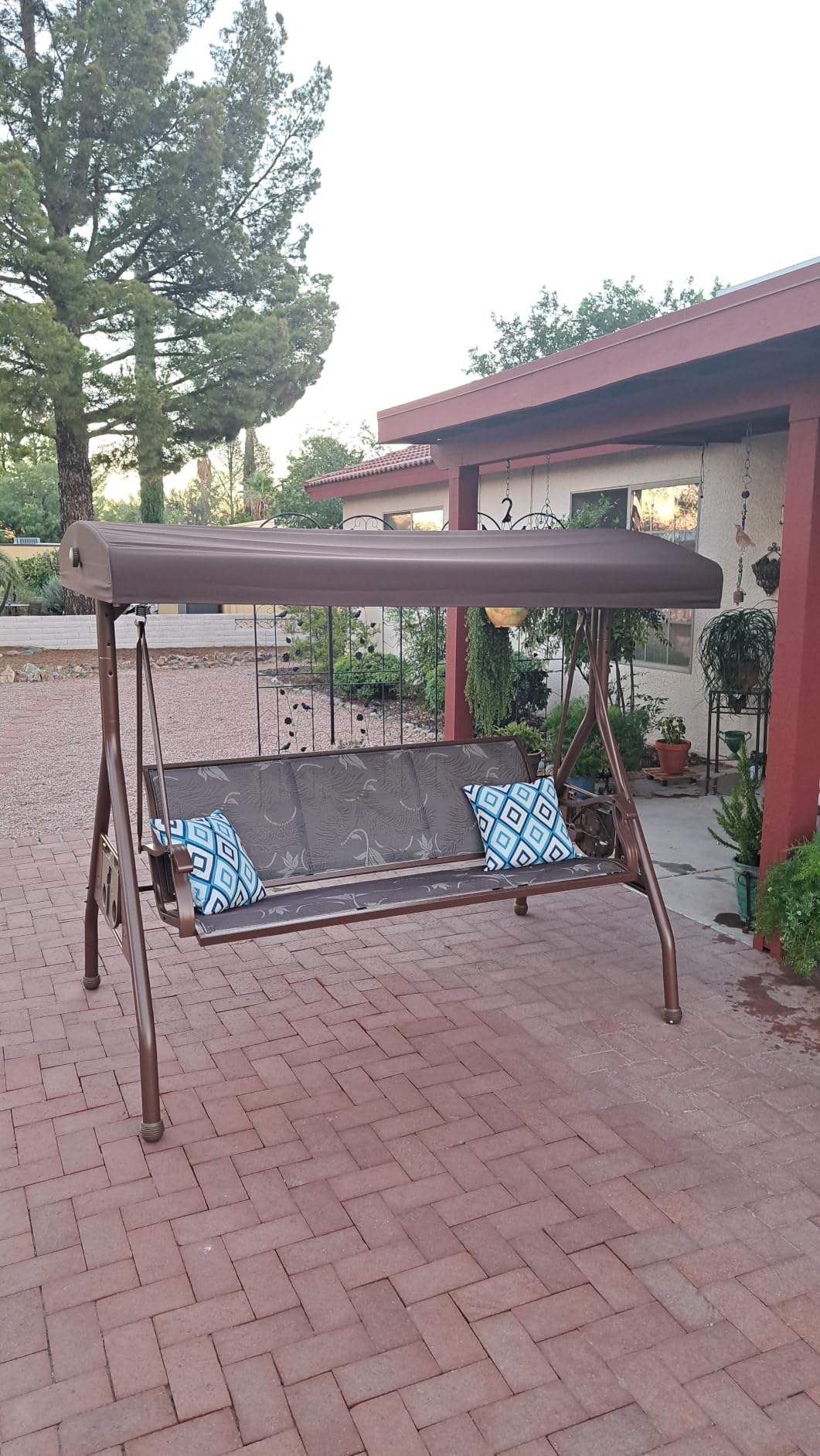 ZZW 3 Person Patio Swing Outdoor Swing for Adults with Adjustable Canopy & Upgraded Cup Holders Textilene Fabric Porch Swing Chair with Stand Heavy Duty 800 LBS customer photo 1