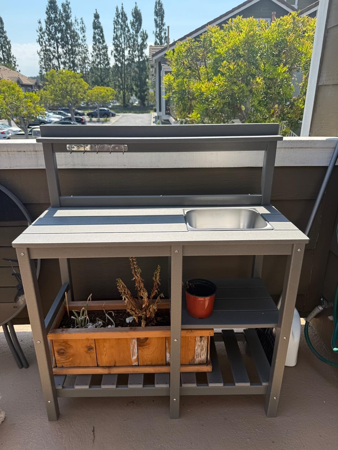 FOOWIN Potting Bench, HDPE Outdoor Potting Table with Sink, All-Weather Potting Benches for Outside, Gardening Table with Storage Shelf, Hook, for Garden, Patio, Lawns, Grey customer photo 2