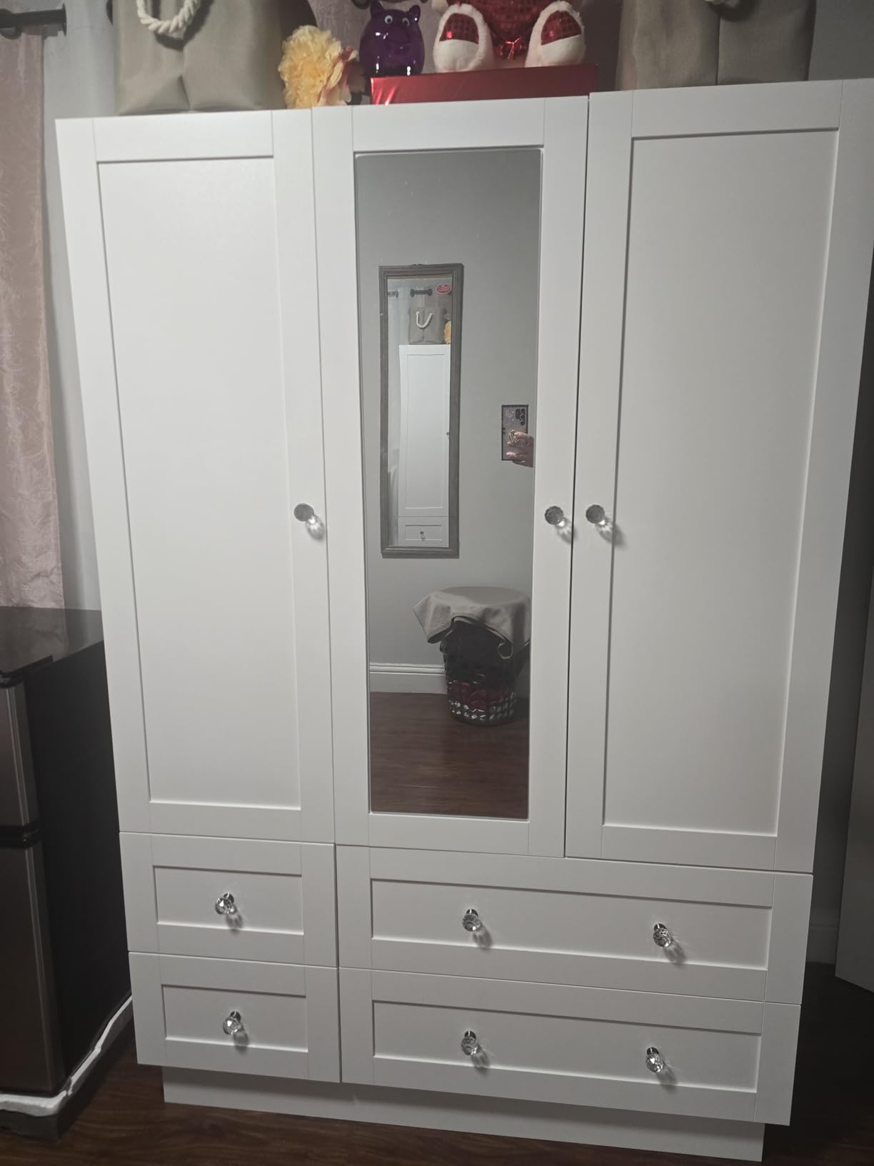 VOWNER Wardrobe Closet with 3 Doors Bedroom Armoire with Mirror & 4 Drawers | Large Capacity Storage Closet with LED Light and Hanging Rod for Bedroom, White 47