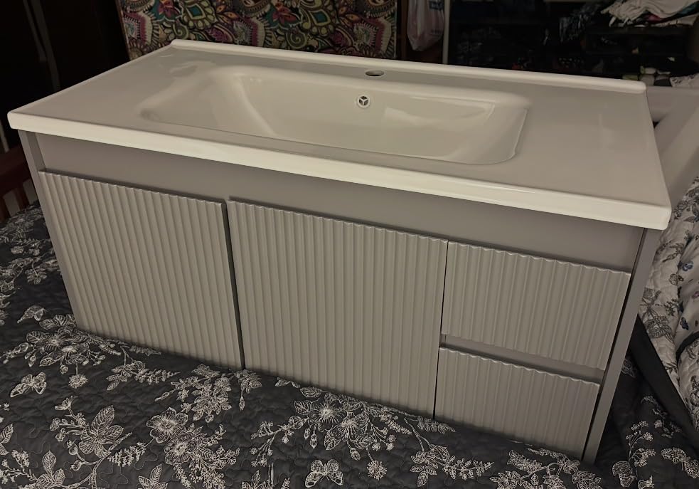 Smhxo Floating Bathroom Vanity with Sink, 40 Inch Wall Mounted Bathroom Vanity with 2 Drawers and Wave-Carved Design Door, Modern Wooden Cabinet with Ceramic Sink and Storage, Grey customer photo 2