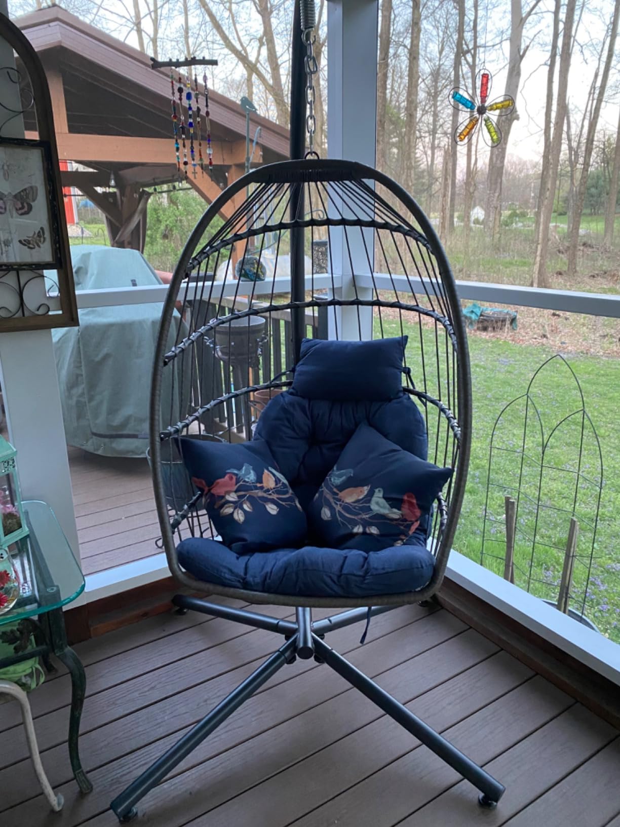SWITTE Hanging Egg Chair with Stand Outdoor, Wicker Patio Swing, Grey | Indoor Comfy Swinging Chair with Cushion, 400 LBS Capacity, Heavy Duty Egg Shaped Hammock Chairs for Outside Porch, Bedroom customer photo 1