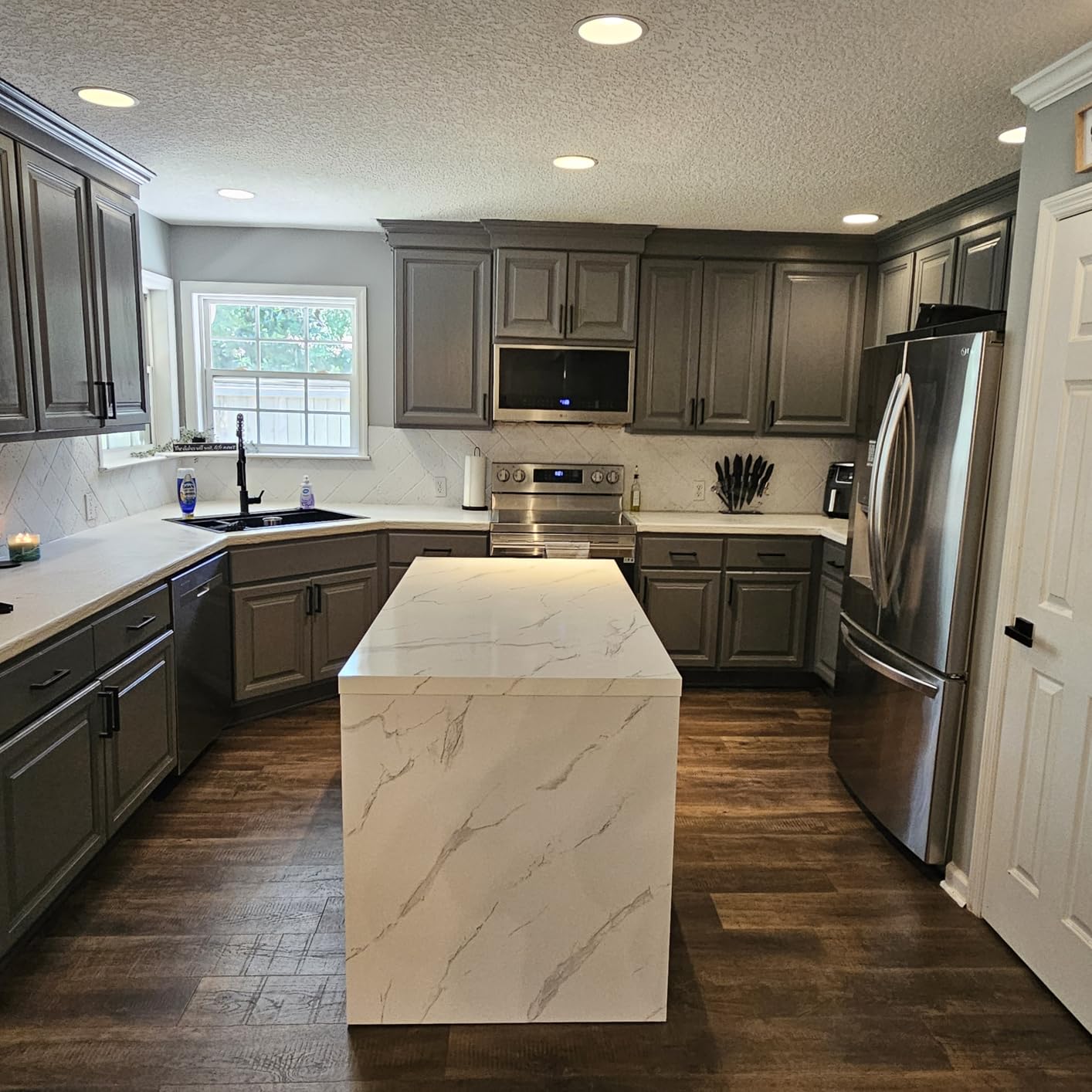 ONBRILL 61 x 31 Inch Large Kitchen Island Table with LED Lights, Power Outlet & Storage Space (White) customer photo 1