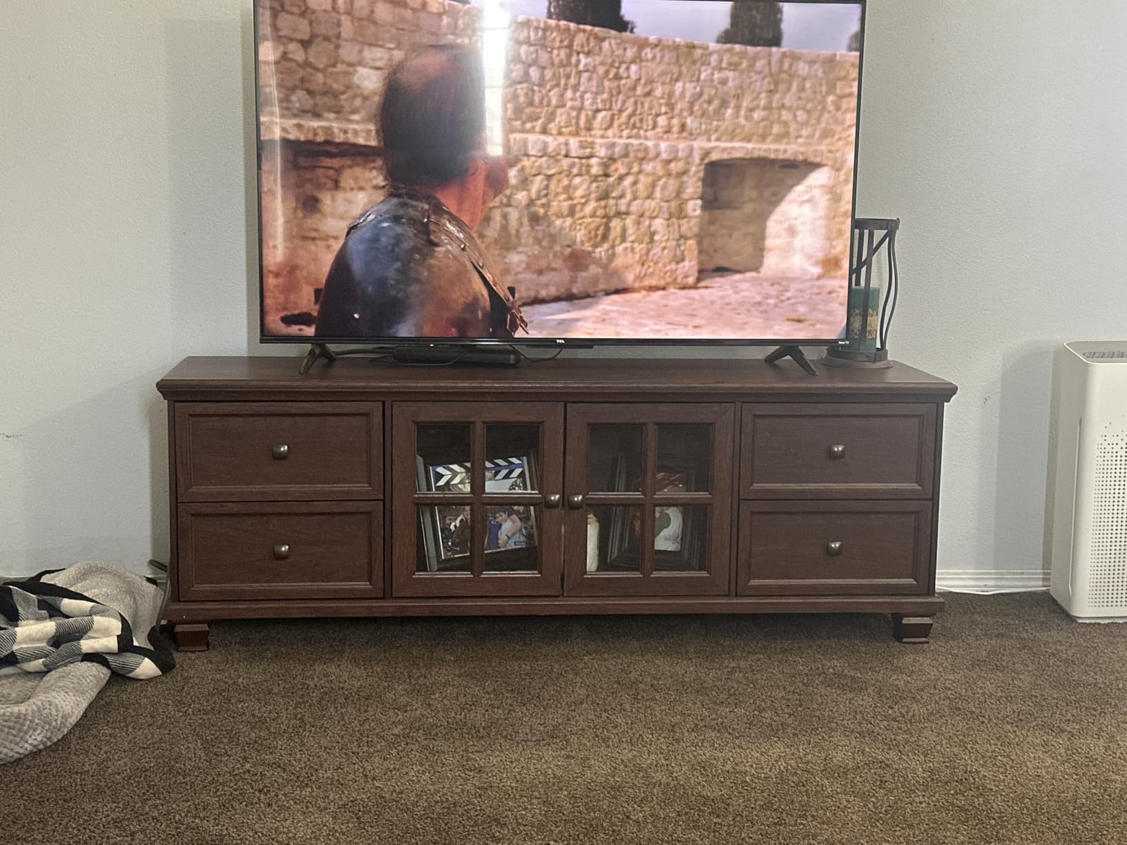 SAVOR LIFE Farmhouse TV Stands for Living Room, Walnut | Heavy-Duty Rustic Entertainment Center with 4 Drawers & Thickened Top & Square Wooden Legs for 65 Inch TV customer photo 2