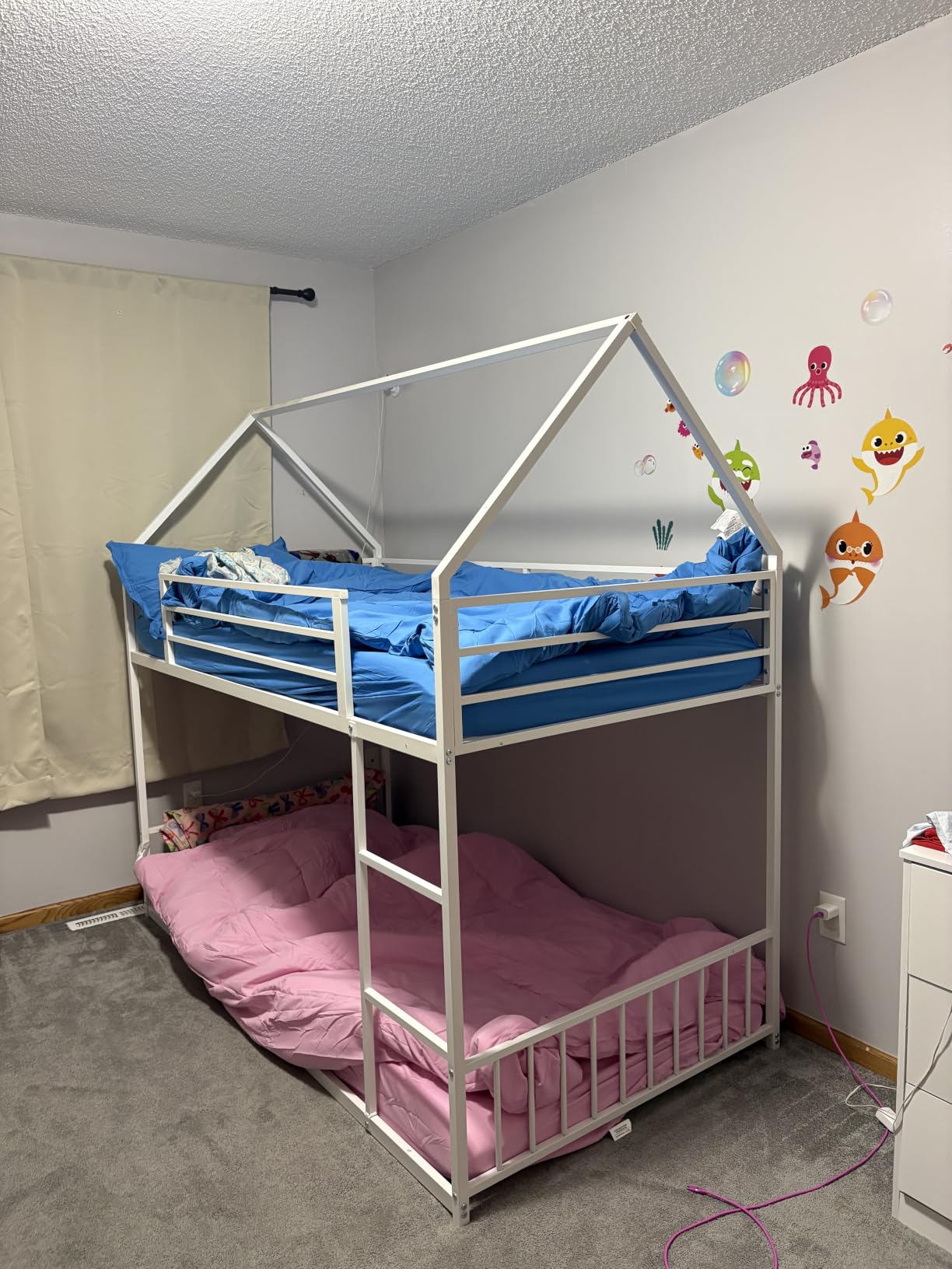 LIKIMIO Bunk Bed Twin Over Twin, House Bunk Bed Frame with Ladder, Grey | Twin Over Twin Bunk Bed. Metal frame with guardrails. House shaped with Metal Slats for bedroom. No box spring. Space Saving customer photo 1