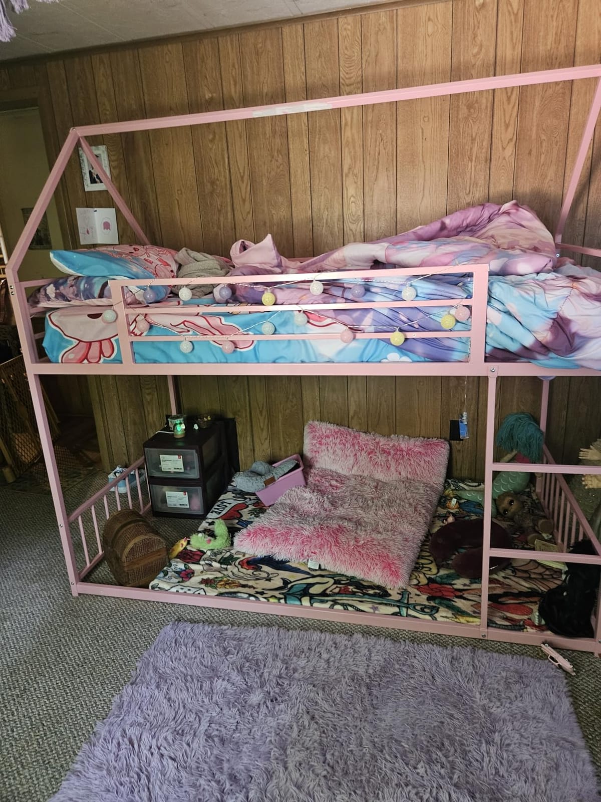 LIKIMIO Bunk Bed Twin Over Twin, House Bunk Bed Frame with Ladder, Grey | Twin Over Twin Bunk Bed. Metal frame with guardrails. House shaped with Metal Slats for bedroom. No box spring. Space Saving customer photo 2