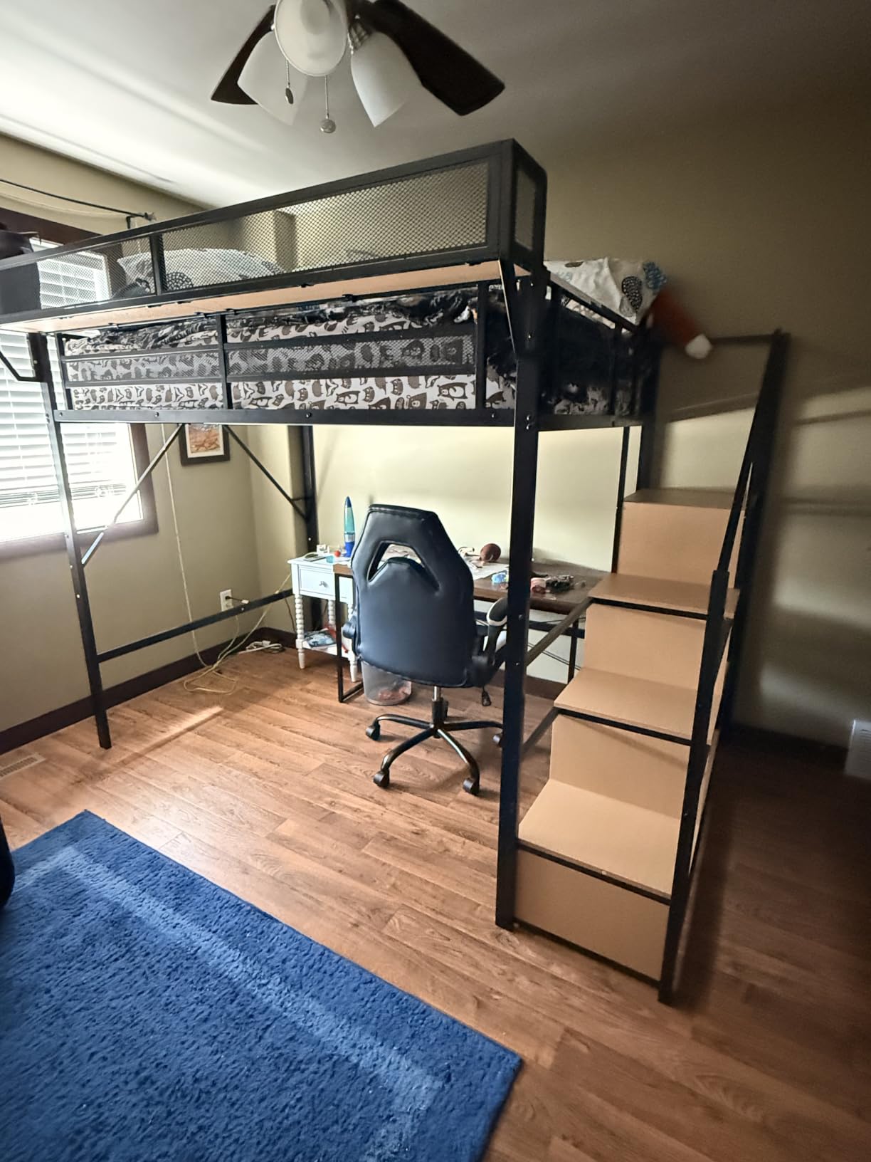 Mirightone Full Size Loft Bed with Stairs and Storage, Metal Loft Bed Frame with Bedside Shelf and Large Under-Bed Space, Heavy-Duty Loft Beds for Adults Teens and Kids, Convertible Staircase, Black customer photo 2