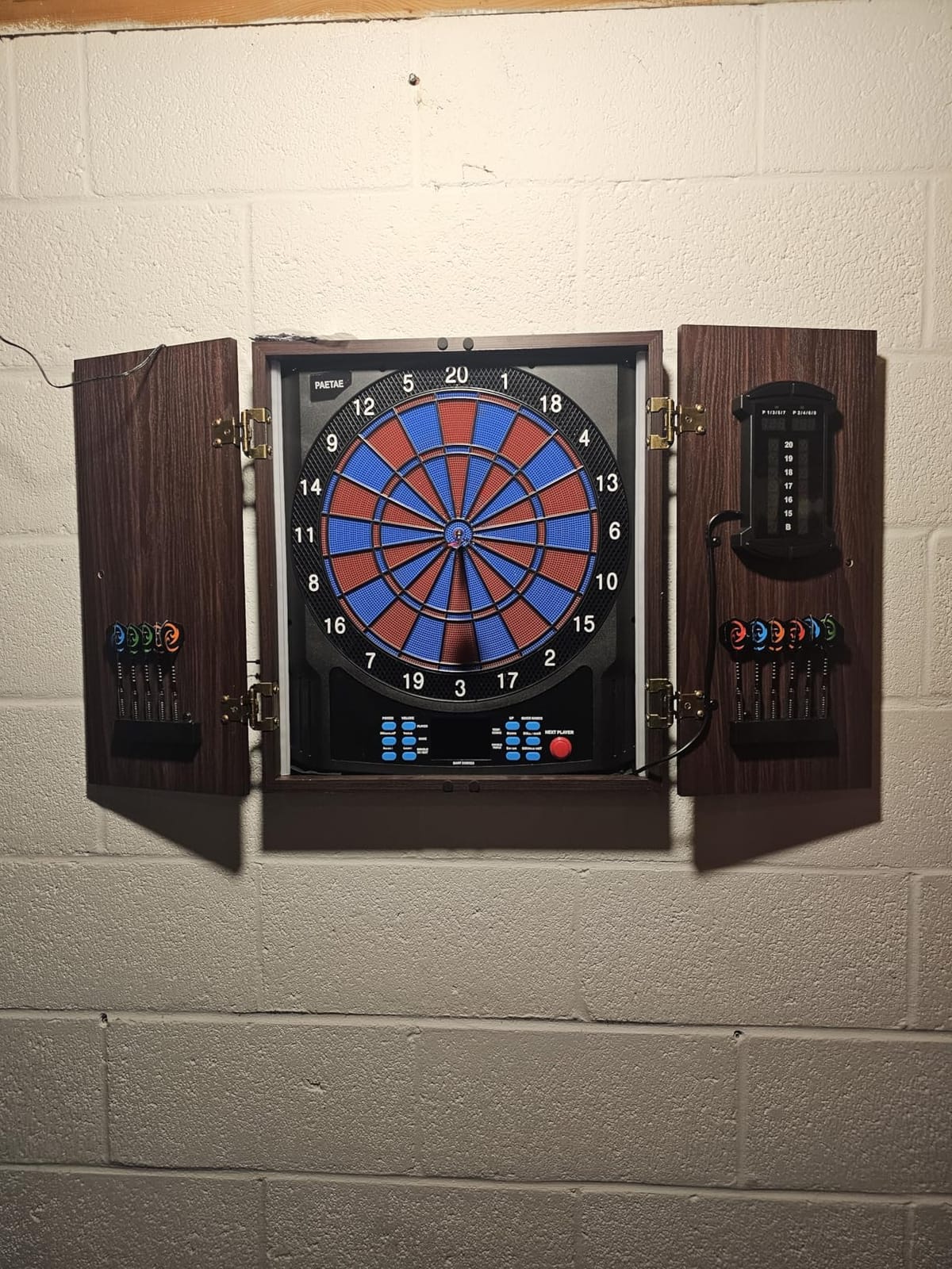 Electronic Dart Board Wooden Cabinet Set with Light Strips, Large Cricket Display, 45 Games & 474 Variations customer photo 2