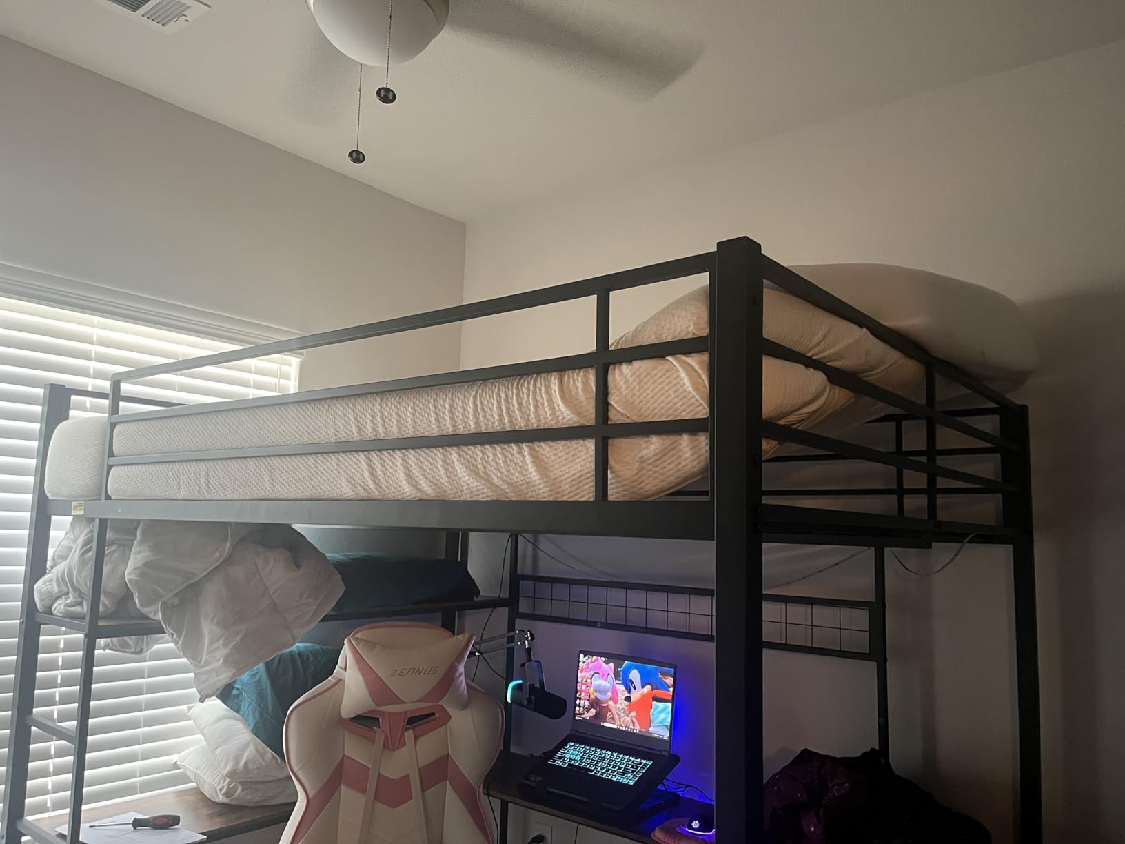 DICTAC Loft Bed Full Size with U-Shaped Desk, 7 Storage Drawers and Charging Station, Metal Full Loft Bed with Led Lights and 2-tier Storage Shelves, Safety Guardrail and Ladders, White customer photo 2