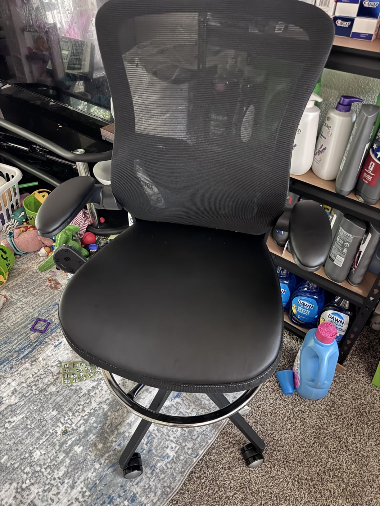 Drafting Chair 400lbs Heavy Duty Tall Office Chair Big and Tall Ergonomic Standing Desk Chair with Lumbar Support and Adjustable Footrest Ring, Comfy Mesh Wide Chair with Flip-up Armrests, Black customer photo 1
