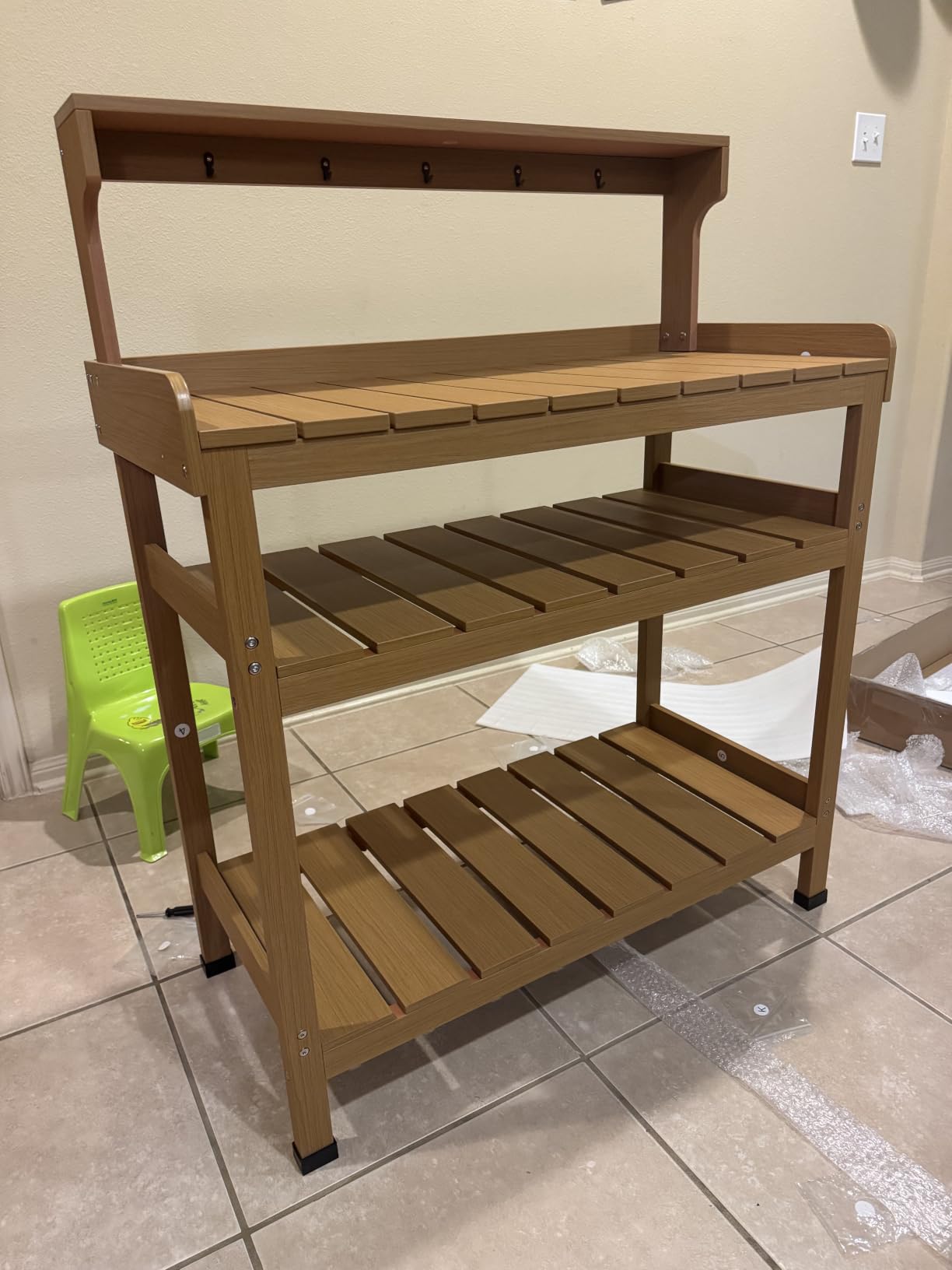 Frogprin Potting Bench Table, Extra-Large Outdoor Garden Potting Bench-HDPS | All-Weather Garden Table Work Station with 9 Hooks, No Rust, No Fade, No Break (Teak, 35.6''X16.5''X45.5'') customer photo 1