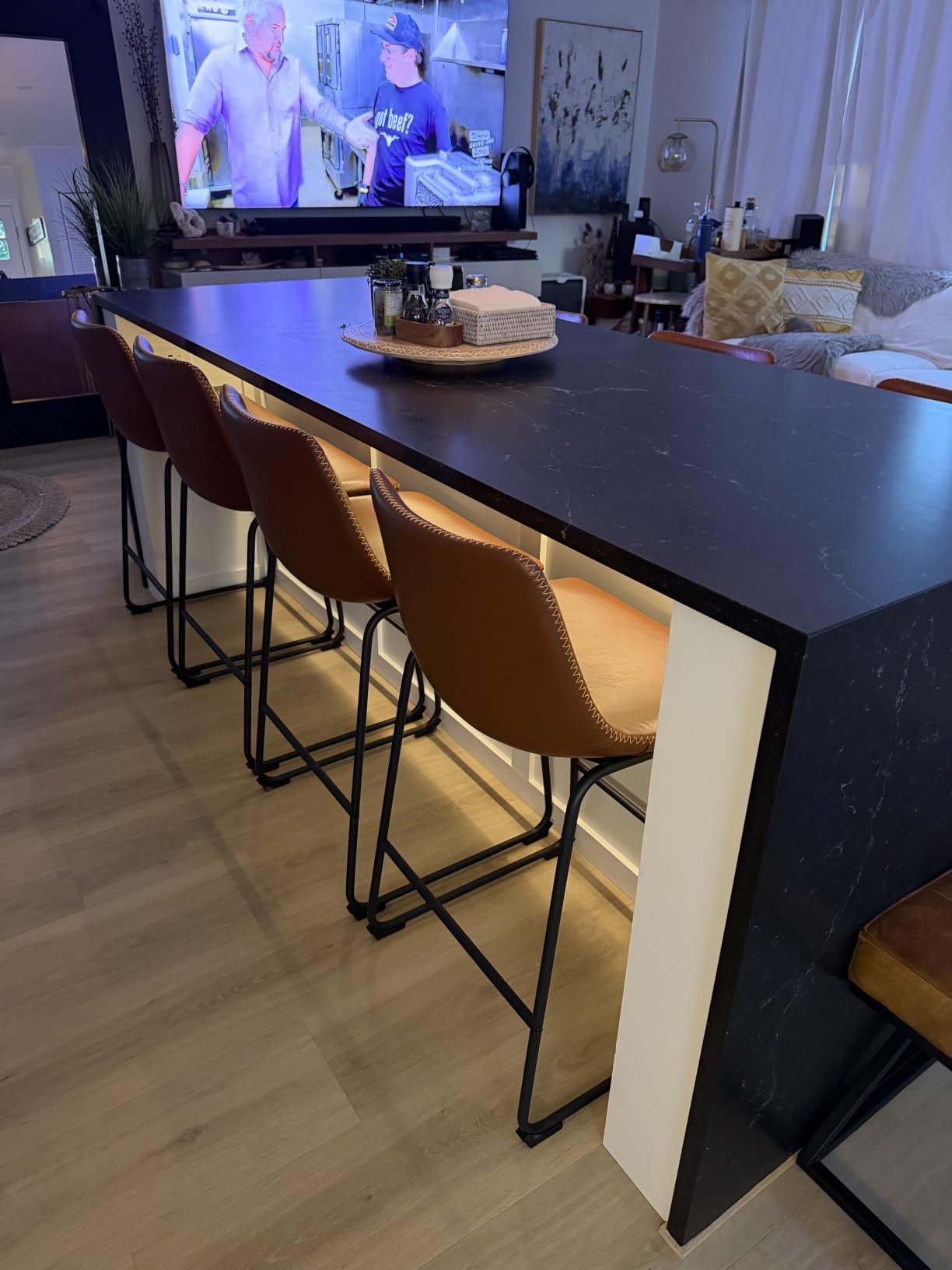 DUMOS Counter Height Bar Stools Set of 4, Faux Leather Metal Bar Chairs | Barstools with Back, Leg, Armless, Upholstered, Kitchen Island, Modern Design, 26 Inch, Brown customer photo 1