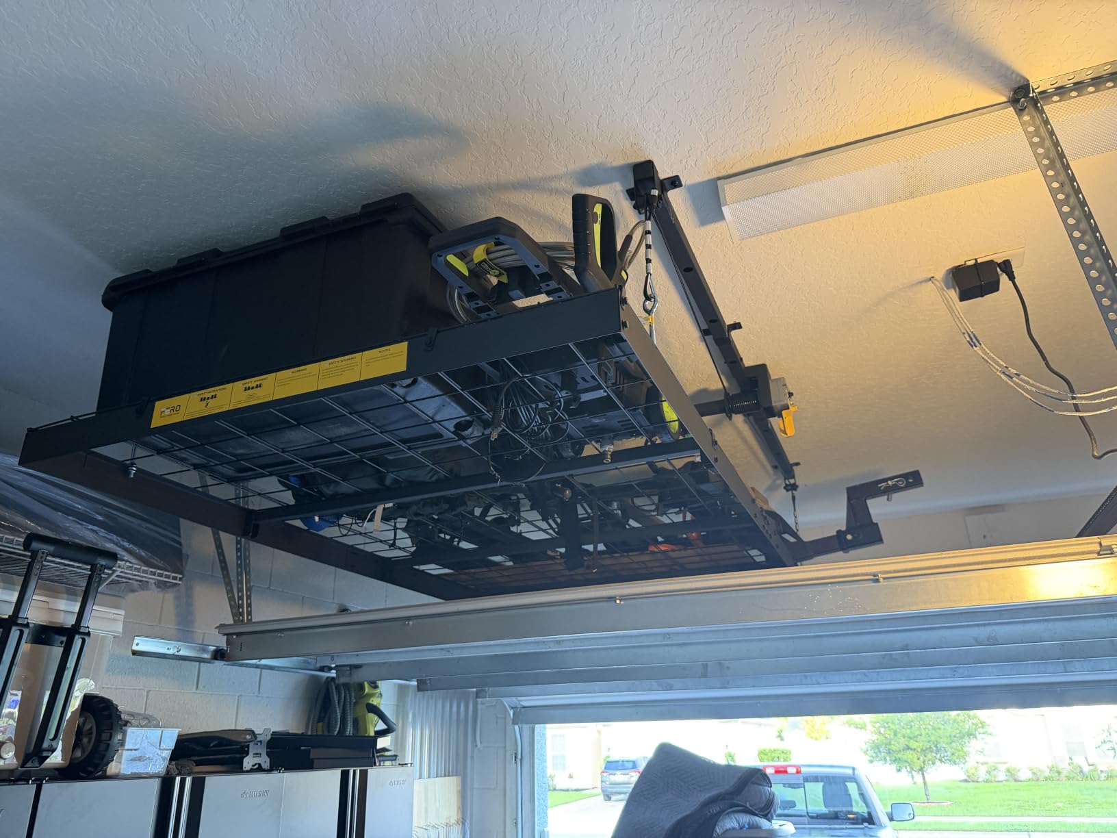 FERO Overhead Garage Storage Rack 4x8, 500 lb Heavy-Duty Capacity, Ceiling Mounted Storage Lift with Safety Lock, Drop Down Overhead Storage System, Garage Ceiling Hoist Organizer customer photo 2