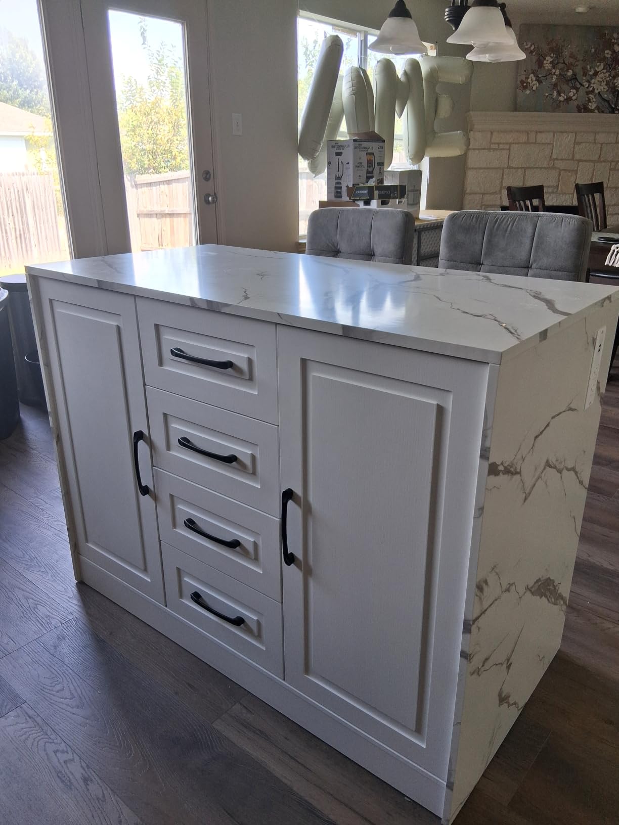 ONBRILL Kitchen Island with 2 Storage Cabinets & 4 Drawers, White | Modern Extra-Large Work Surface Dining Table with Power Outlet customer photo 1