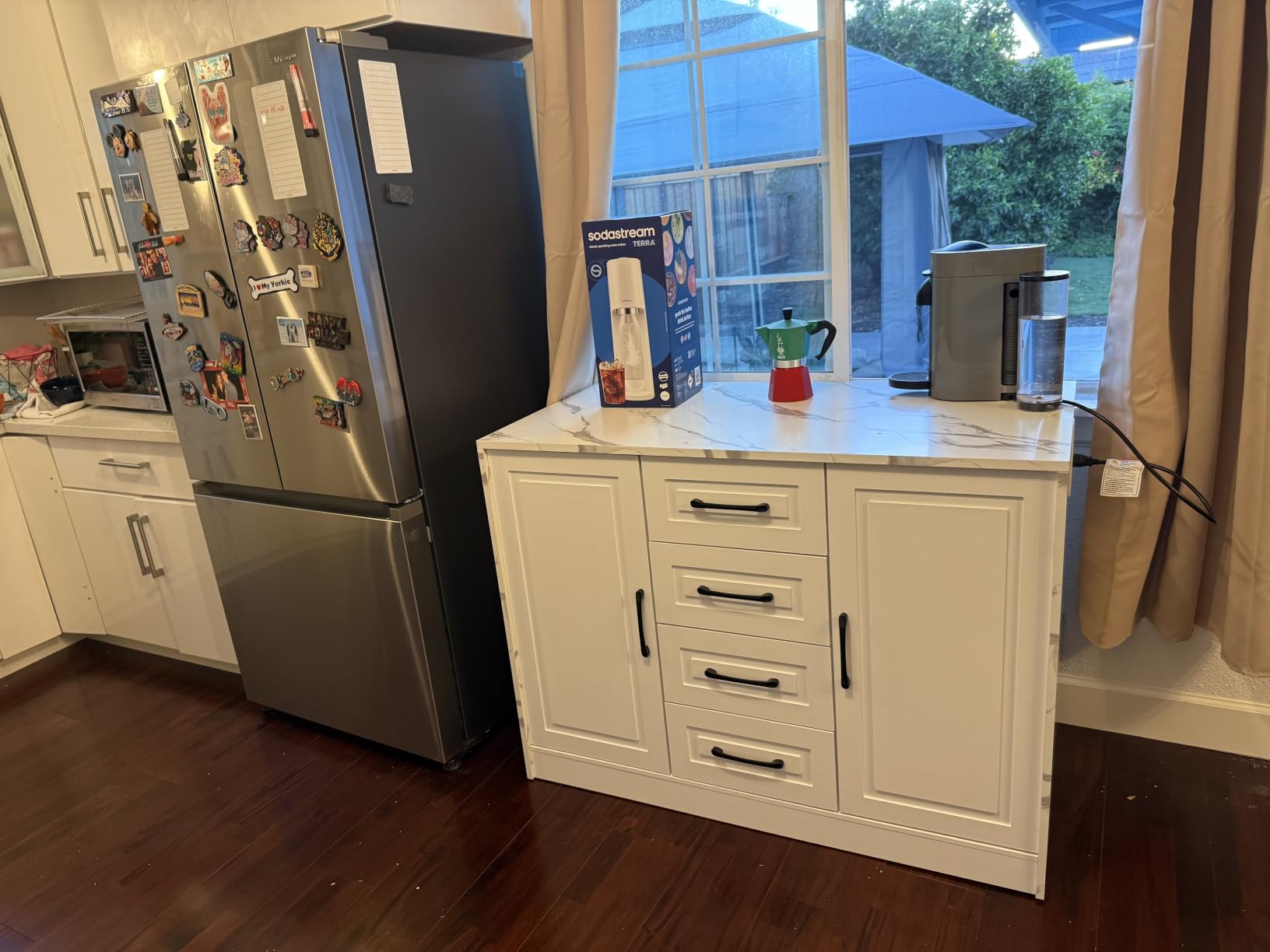 ONBRILL Kitchen Island with 2 Storage Cabinets & 4 Drawers, White | Modern Extra-Large Work Surface Dining Table with Power Outlet customer photo 2