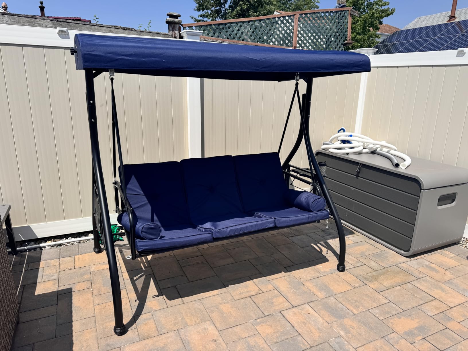 Aoxun Outdoor Porch Swing with Stand and Canopy, 3 Seats Outdoor Swings for Adults, Convertible 2 in 1 Swing Bed with Cup Holder, Patio Swings with Thicken Cushions for Garden, Yard & Balcony, Blue customer photo 1