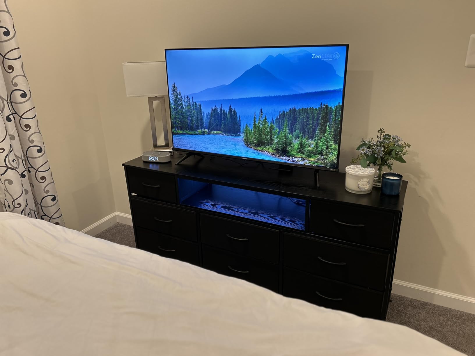 SONGMICS Dresser for Bedroom with Outlets & LED Lights, 8 Fabric Drawers | TV Stand for TVs Up to 65 Inches, Chest of Drawers with Steel Frame, Ink Black, BELLAH Collection ULGS434BH02S customer photo 1