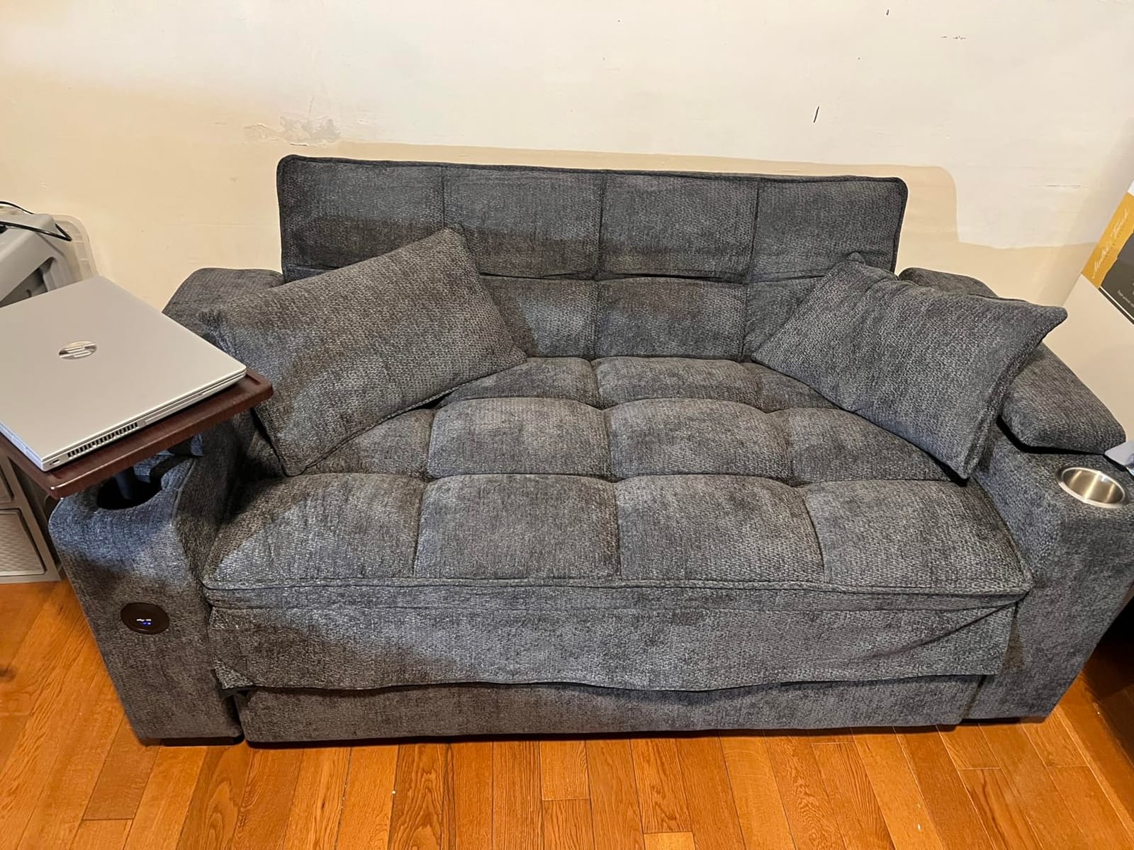 Dreamzie 65'' Convertible Sleeper Sofa Bed with Swivel Side Table, Chenille Pull Out Couch for Living Room, Loveseat Sleeper Couch with Hidden Storage Space | Charging Port | Cup Holders, Grey customer photo 1