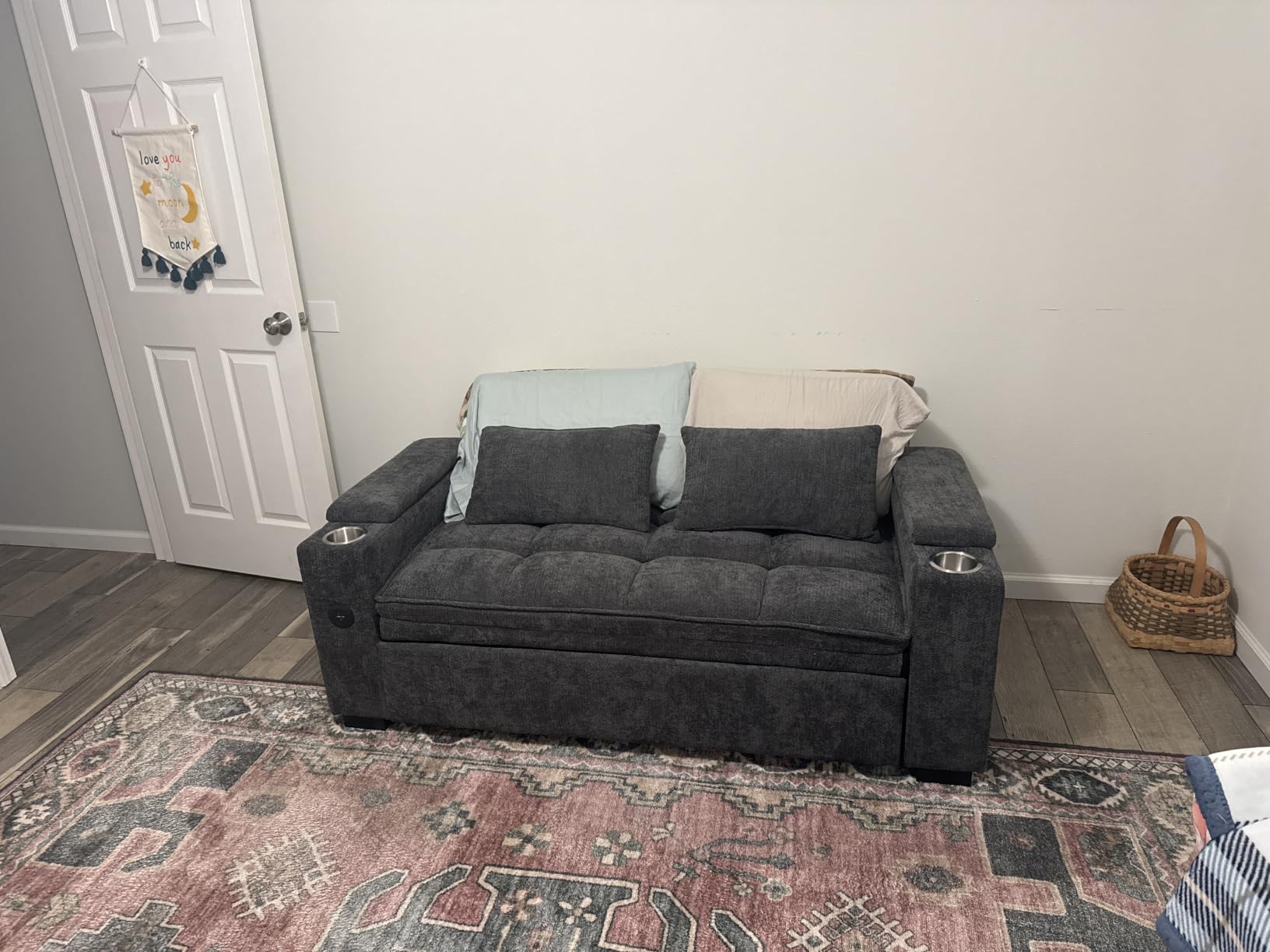Dreamzie 65'' Convertible Sleeper Sofa Bed with Swivel Side Table, Chenille Pull Out Couch for Living Room, Loveseat Sleeper Couch with Hidden Storage Space | Charging Port | Cup Holders, Grey customer photo 2