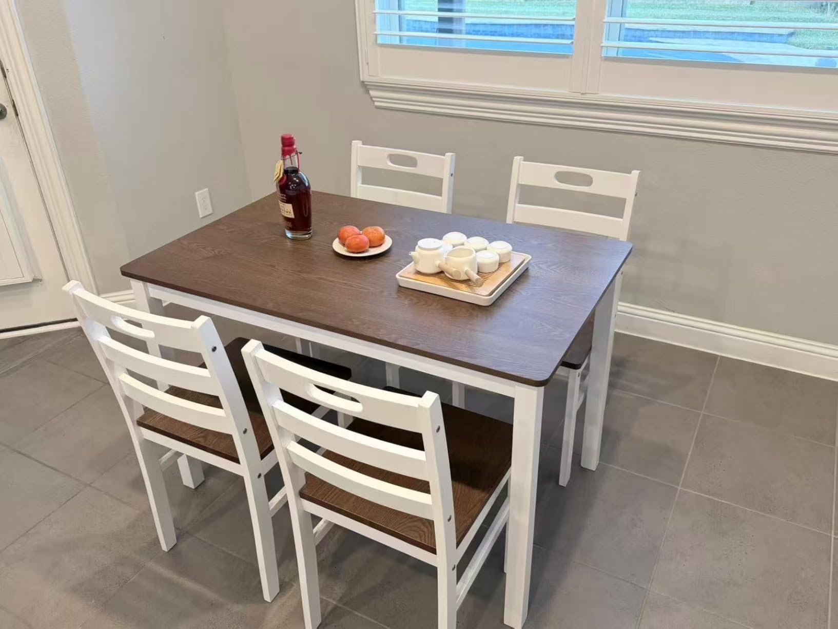 PHI VILLA Dining Table Set for 4, Solid Wood Kitchen Table and Chairs, Solid Rubber Wood, Farmhouse Design, Black Walnut & White customer photo 1