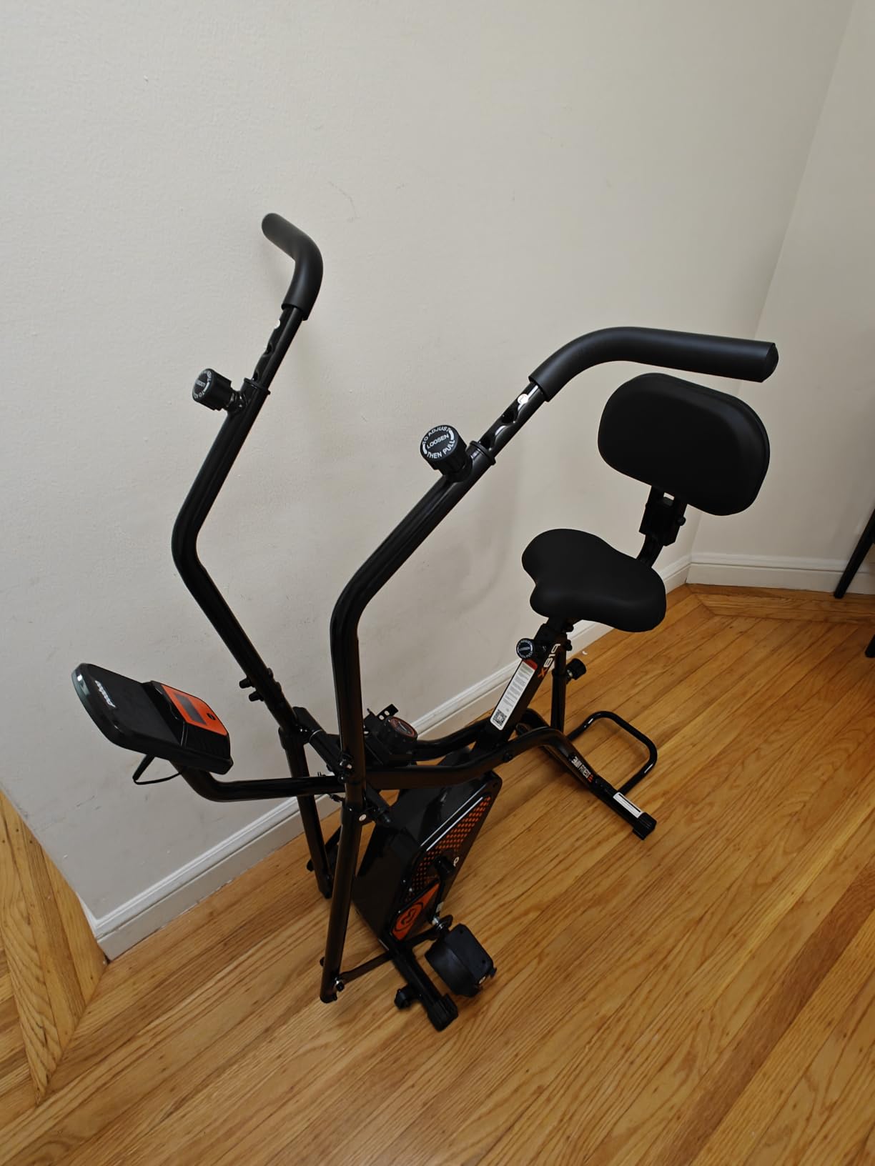 pooboo Folding Exercise Bike, Foldable Upright Stationary Bike, Indoor Cycling Magnetic X-Bike with 8-Level Adjustable Resistance, 6.6 LBS Flywheel, 300LB Capacity, Back Support Cushion for Home Gym customer photo 2