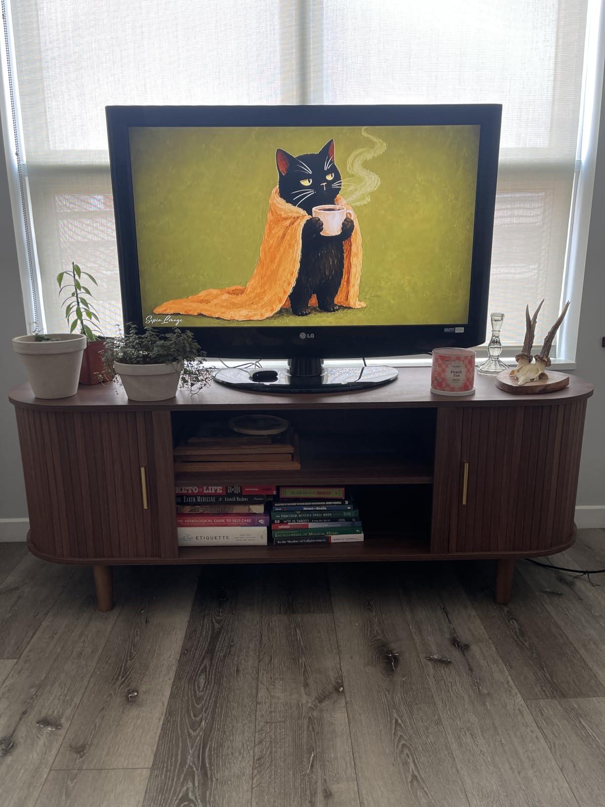 VASAGLE TV Stand for 65-Inch TVs, Mid Century Entertainment Center with Storage, Fluted Sliding Doors, Media Console Table for Living Room, Bedroom, Sand Brown ULTV633K201 customer photo 2
