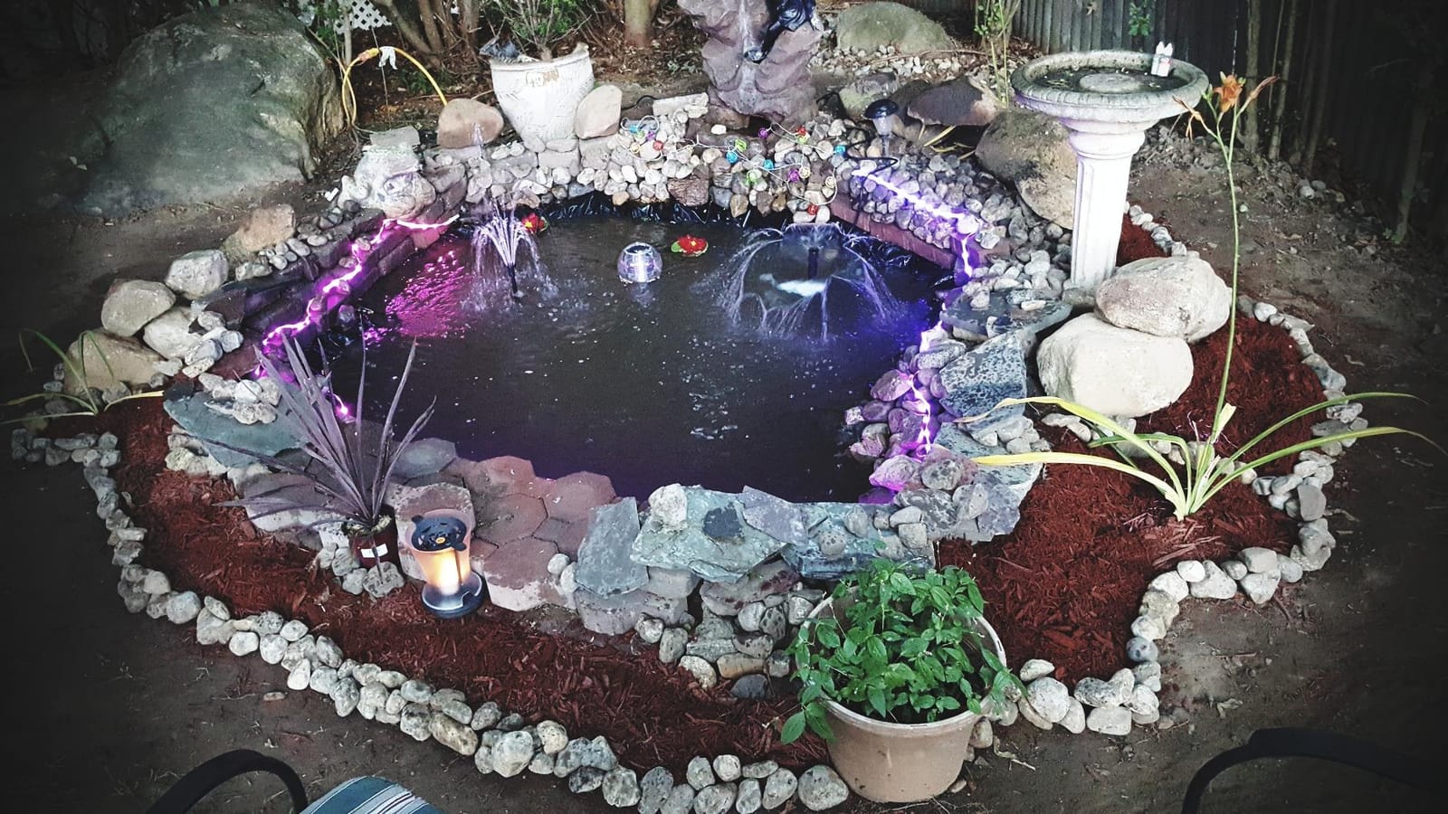 Koolatron Koolscapes 400 Gallon Starter Pond Kit with 340 GPH Pump, Water Bell and Double Daisy Fountain Nozzles, 10 x 10 Ft Flexible Liner, Floating Solar Light, Fish-Friendly Backyard Koi Pond Kit customer photo 2