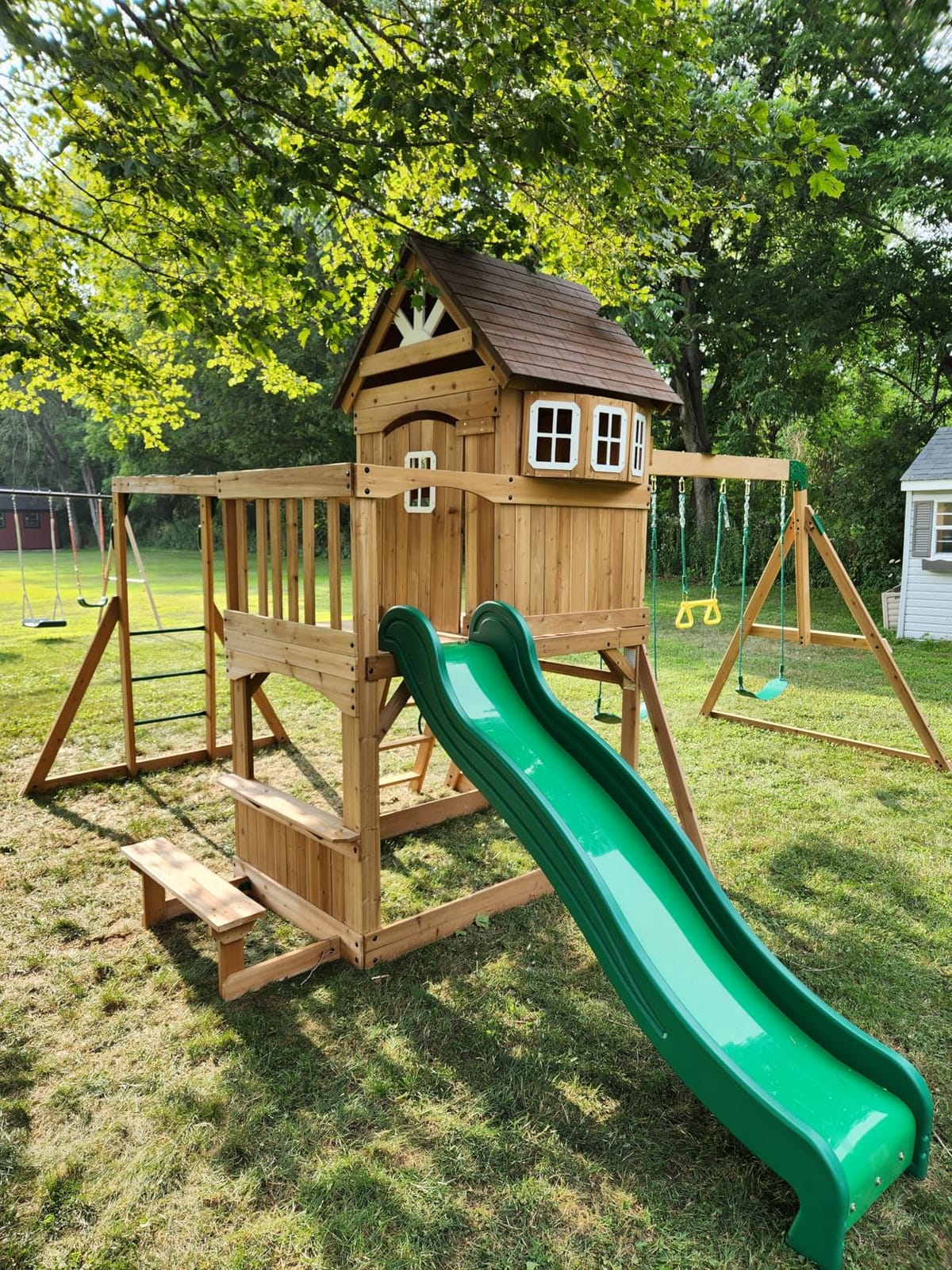 Backyard Discovery Montpelier Cedar Wood Swing Set, Wave Slide, Clubhouse, Monkey Bars, Picnic Area, Snack Bar, Belt Swings, Trapeze, Balcony, Playhouse, Working Door, Ladder, Outdoor Playset customer photo 2
