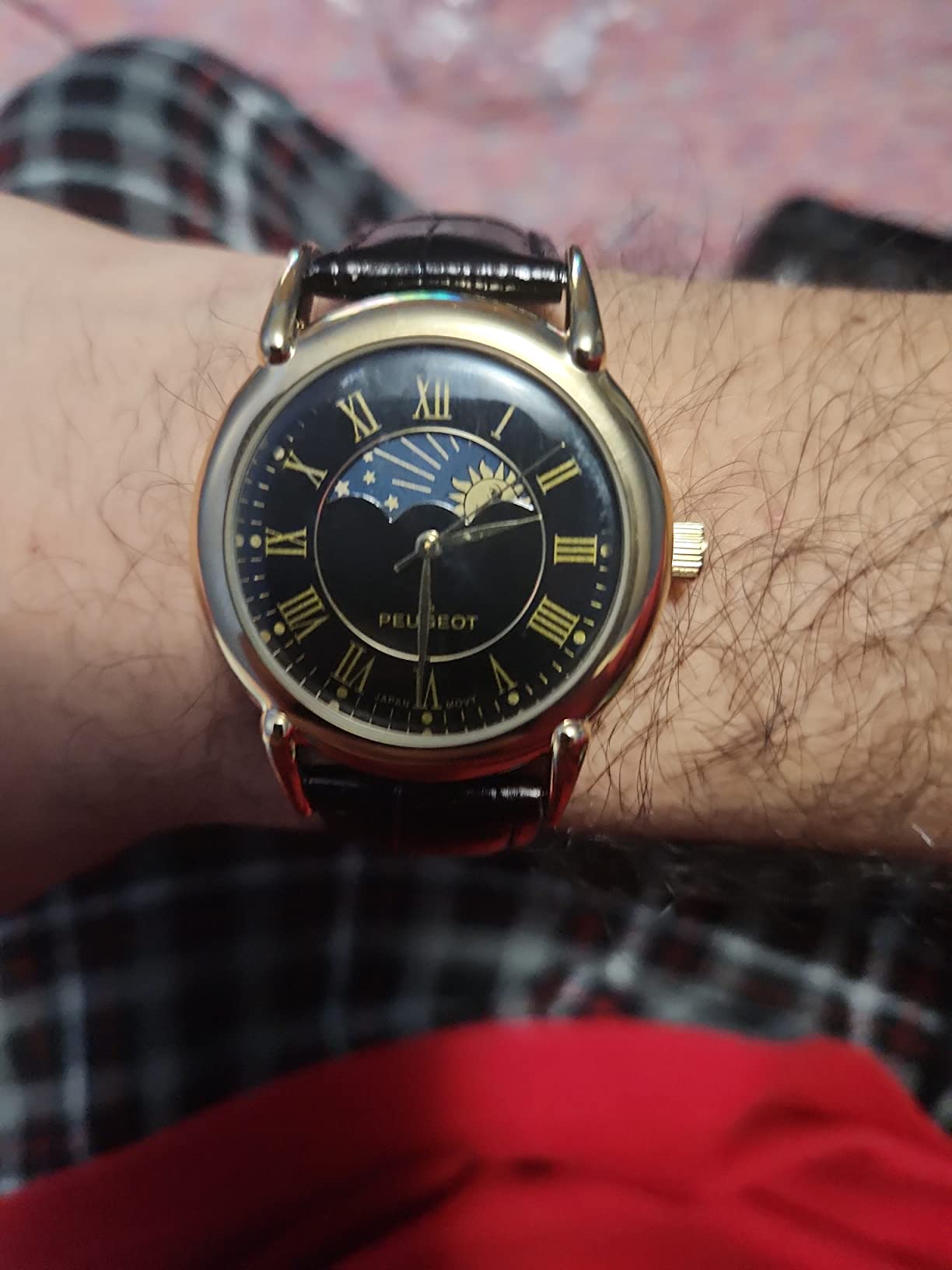 Men's 14K Gold Plated Vintage Moon Phase Leather Dress Watch customer photo 1