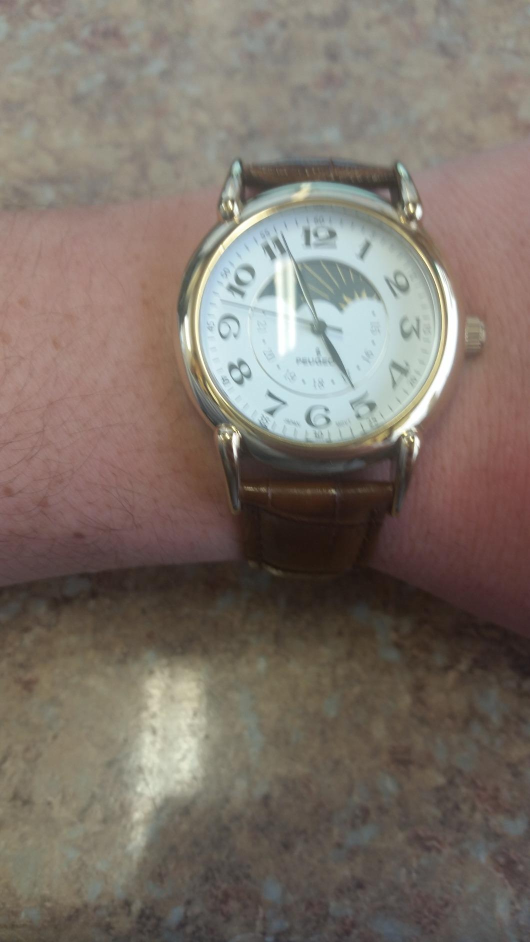 Peugeot Men's 14K Gold Plated Vintage Moon Phase Leather Dress Watch customer photo 2