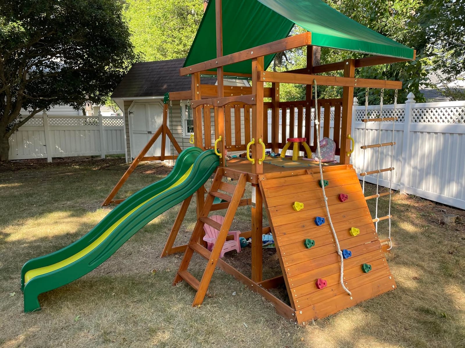 Backyard Discovery Mount Mckinley Cedar Wood Swing Set with Wave Slide, Play Deck, Double Rock Wall, Rope Ladder, Web Swing, Belt Swings, Toy Telescope, Steering Wheel, Sandbox Area, Outdoor Playset customer photo 2