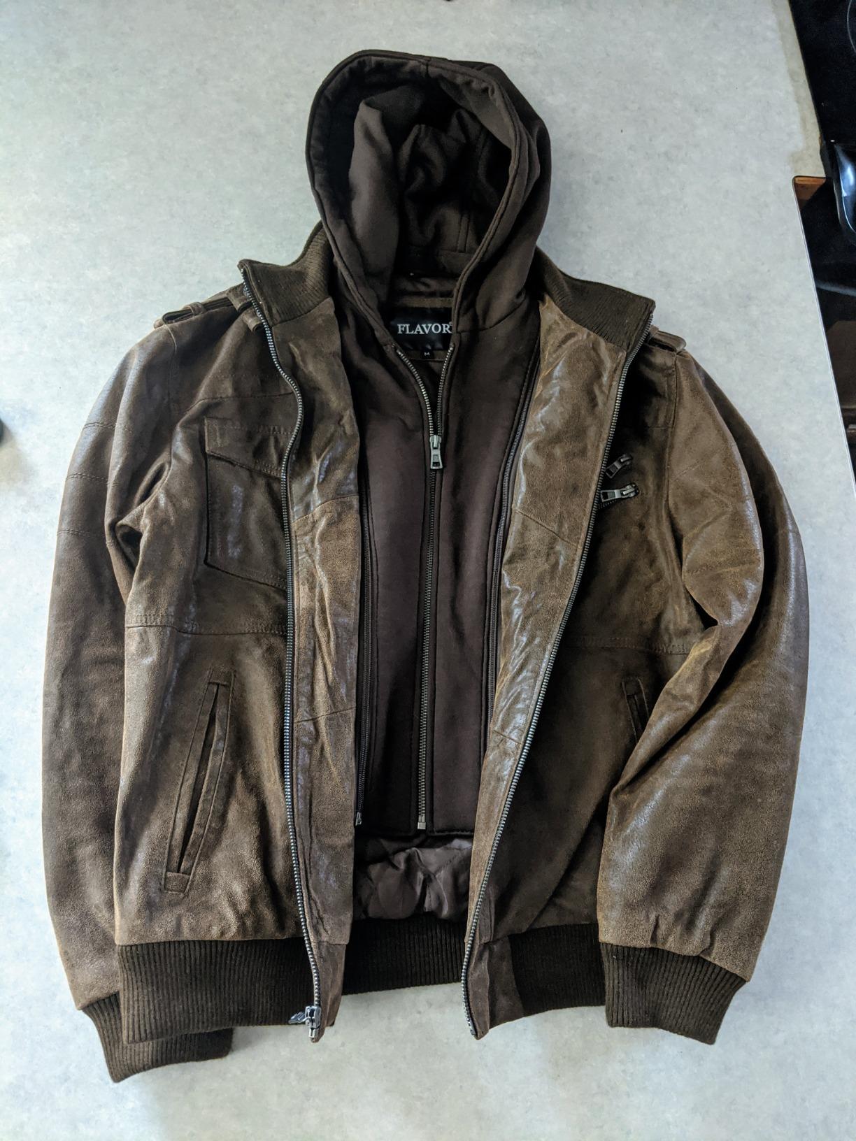 Men Brown Leather Motorcycle Jacket with Removable Hood customer photo 1