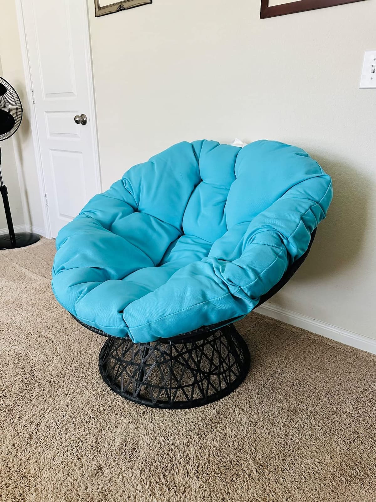 OSP Home Furnishings Wicker Papasan Chair with 360-Degree Swivel, Grey Frame with Blue Cushion customer photo 1