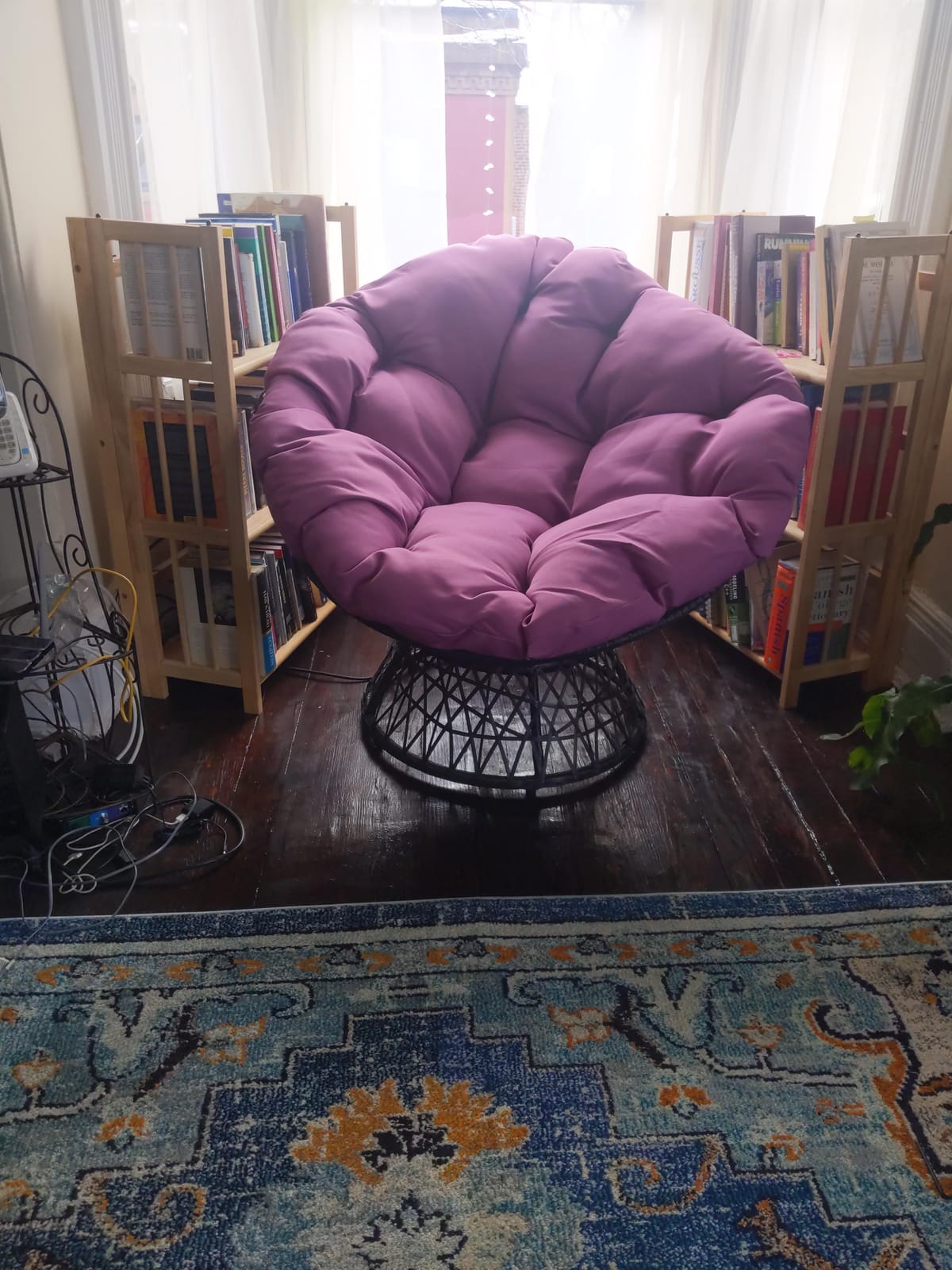OSP Home Furnishings Wicker Papasan Chair with 360-Degree Swivel, Grey Frame with Blue Cushion customer photo 2
