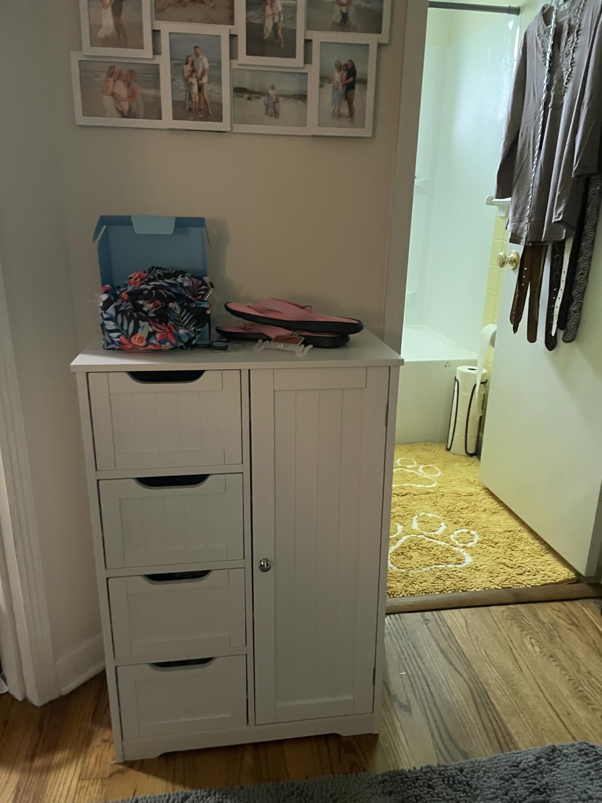 Yaheetech Small Bathroom Storage Cabinet with 4 Drawers & Door, White | Floor Cabinet Organizer for Hallway, Living Room, 3-Position Adjustable Shelf, Beadboard Detail, MDF, 12