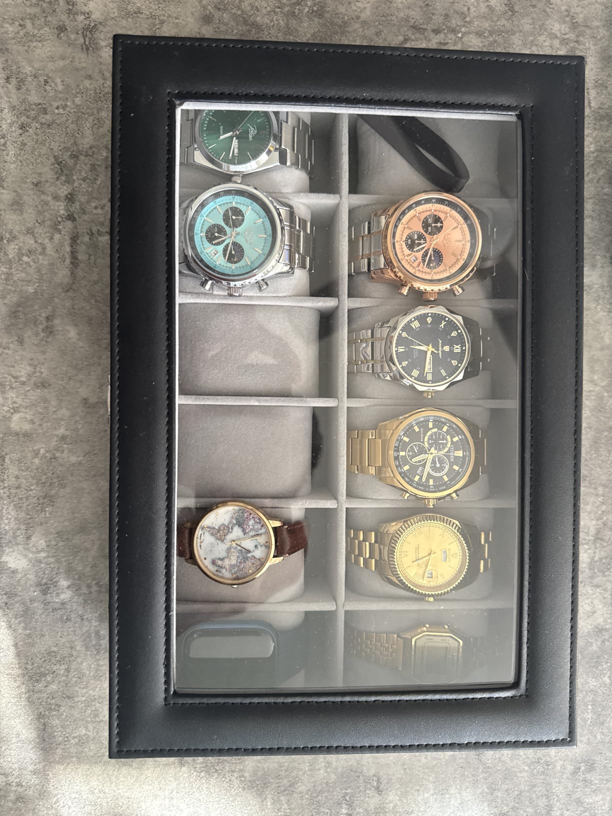 SONGMICS Watch Box, 12-Slot Watch Case Organizer with Large Glass Lid, Black Synthetic Leather customer photo 1