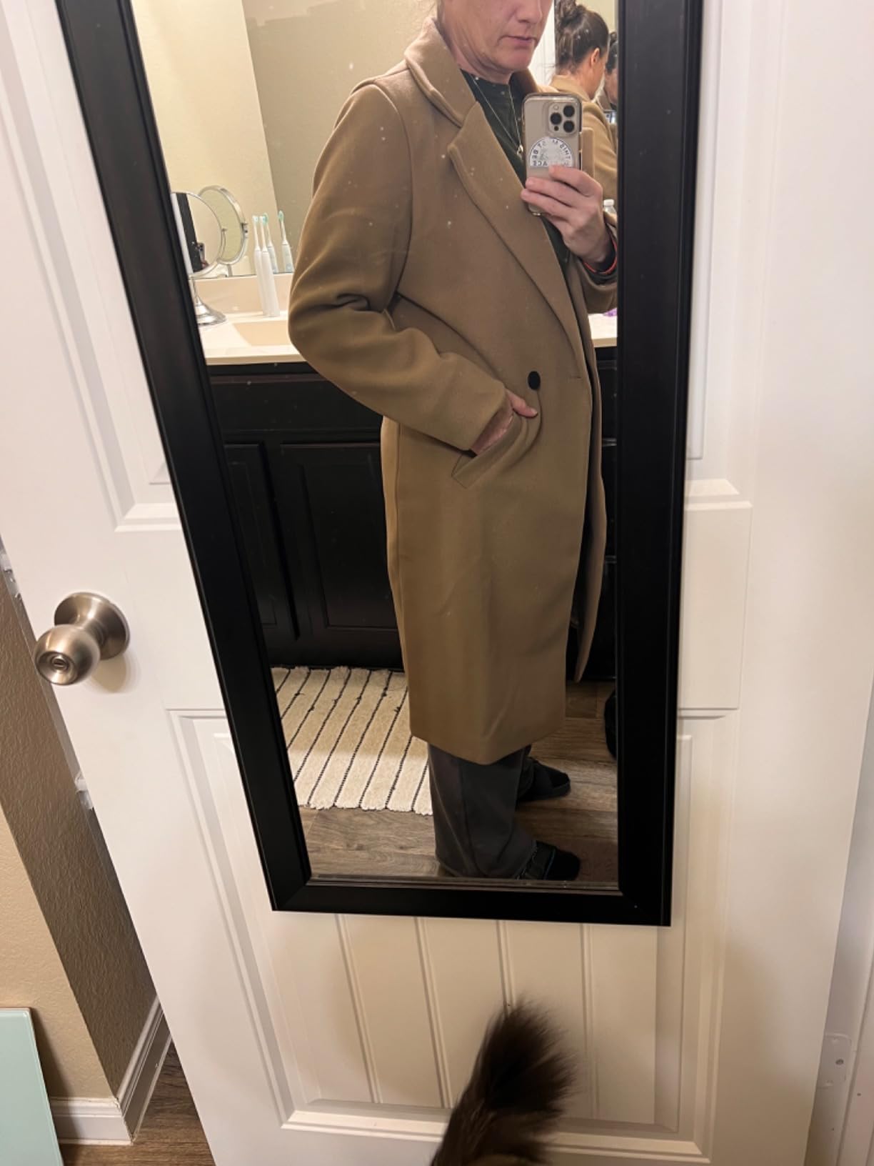 Tanming Women's Notch Lapel Double Breasted Wool Blend Mid Long Pea Trench Coat customer photo 2