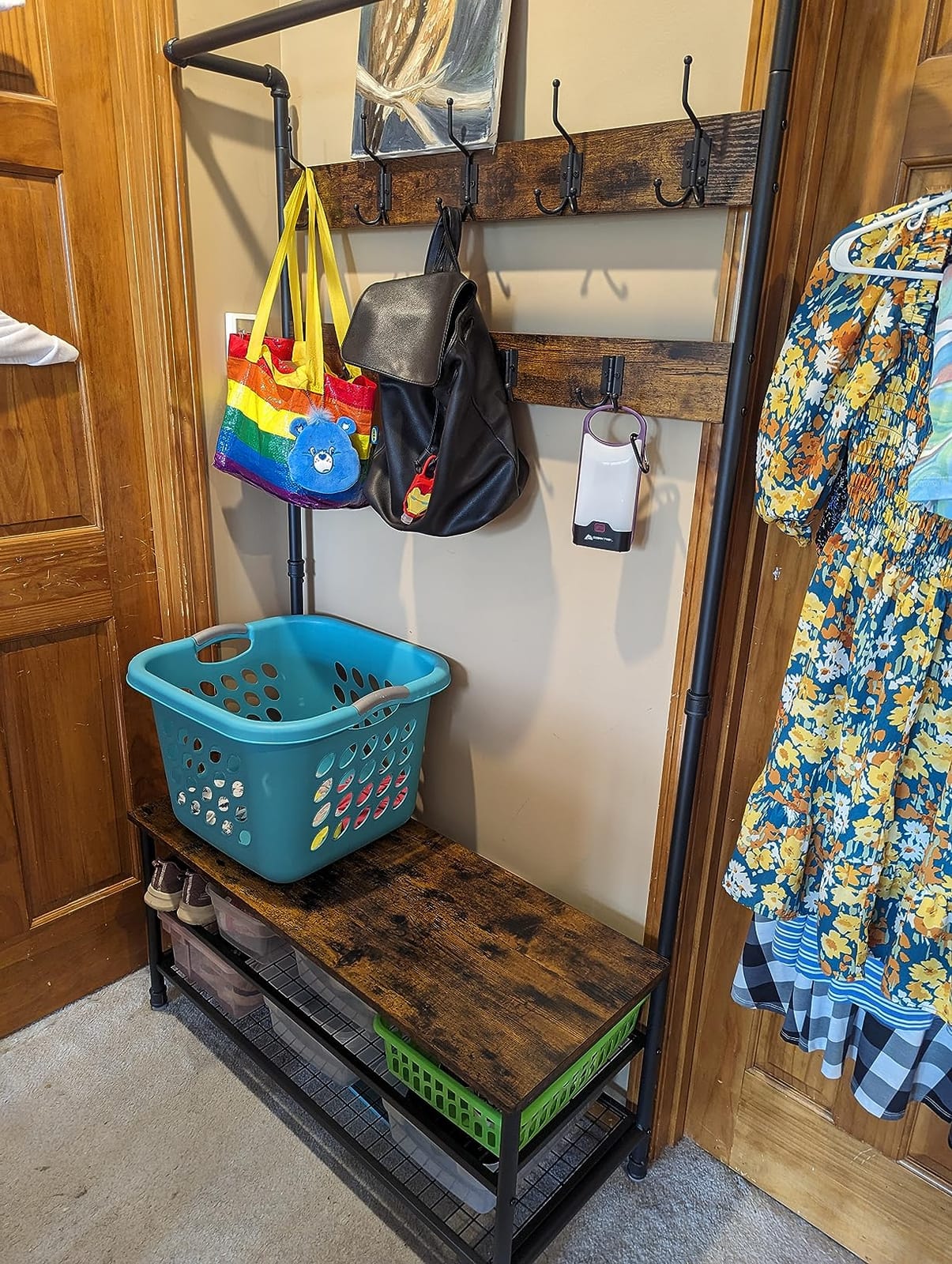 VASAGLE Coat Rack and Storage Bench, Hall Tree with 9 Hooks, Steel Frame customer photo 1